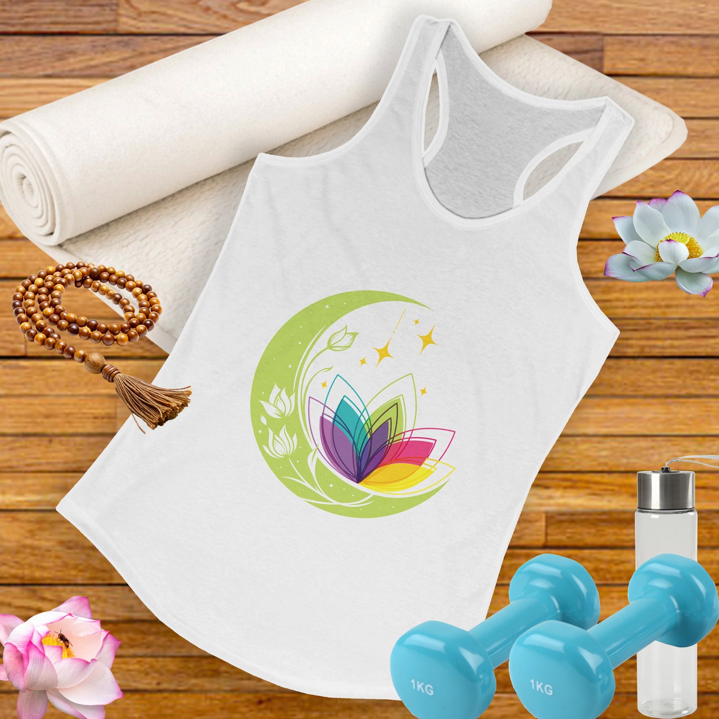 New Moon & Lotus Racerback Tank – Radiate Cosmic Calm & Feminine Strength