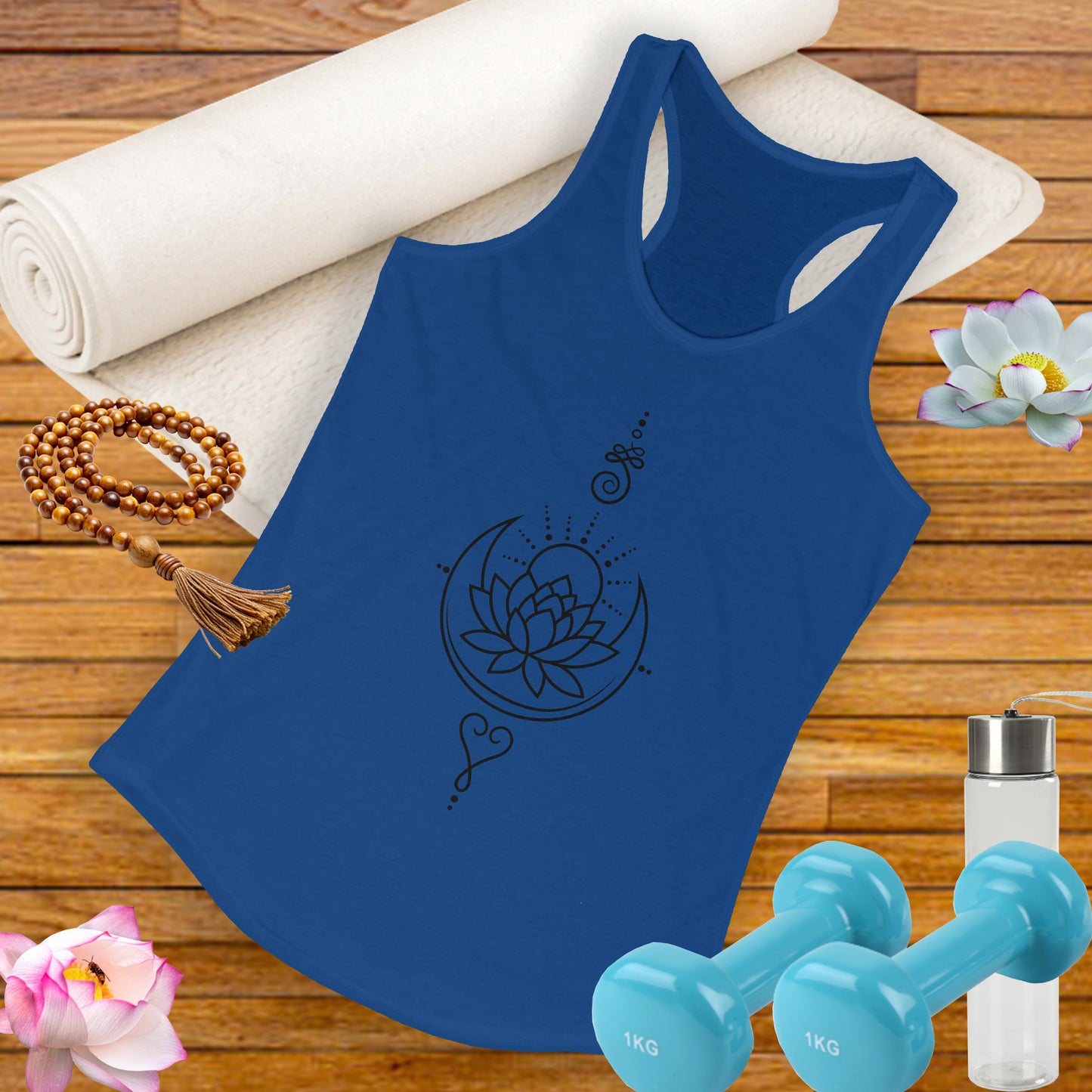 "Celestial Flow" Racerback Tank – Black New Moon Mandala with Rising Sun Design