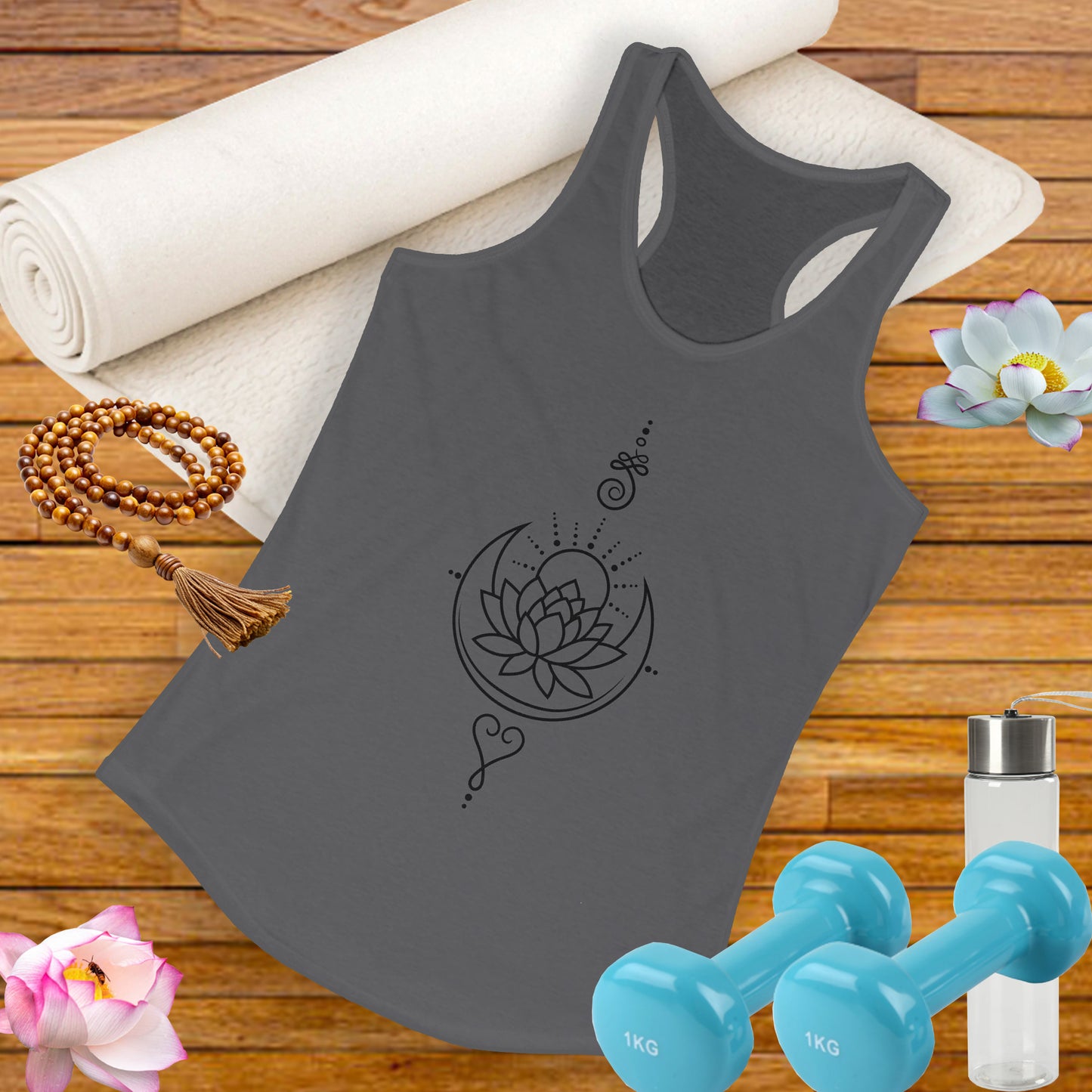 "Celestial Flow" Racerback Tank – Black New Moon Mandala with Rising Sun Design