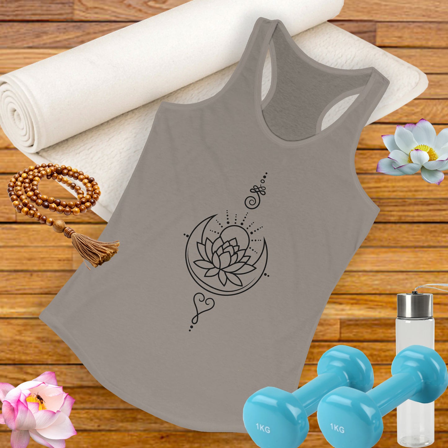 "Celestial Flow" Racerback Tank – Black New Moon Mandala with Rising Sun Design
