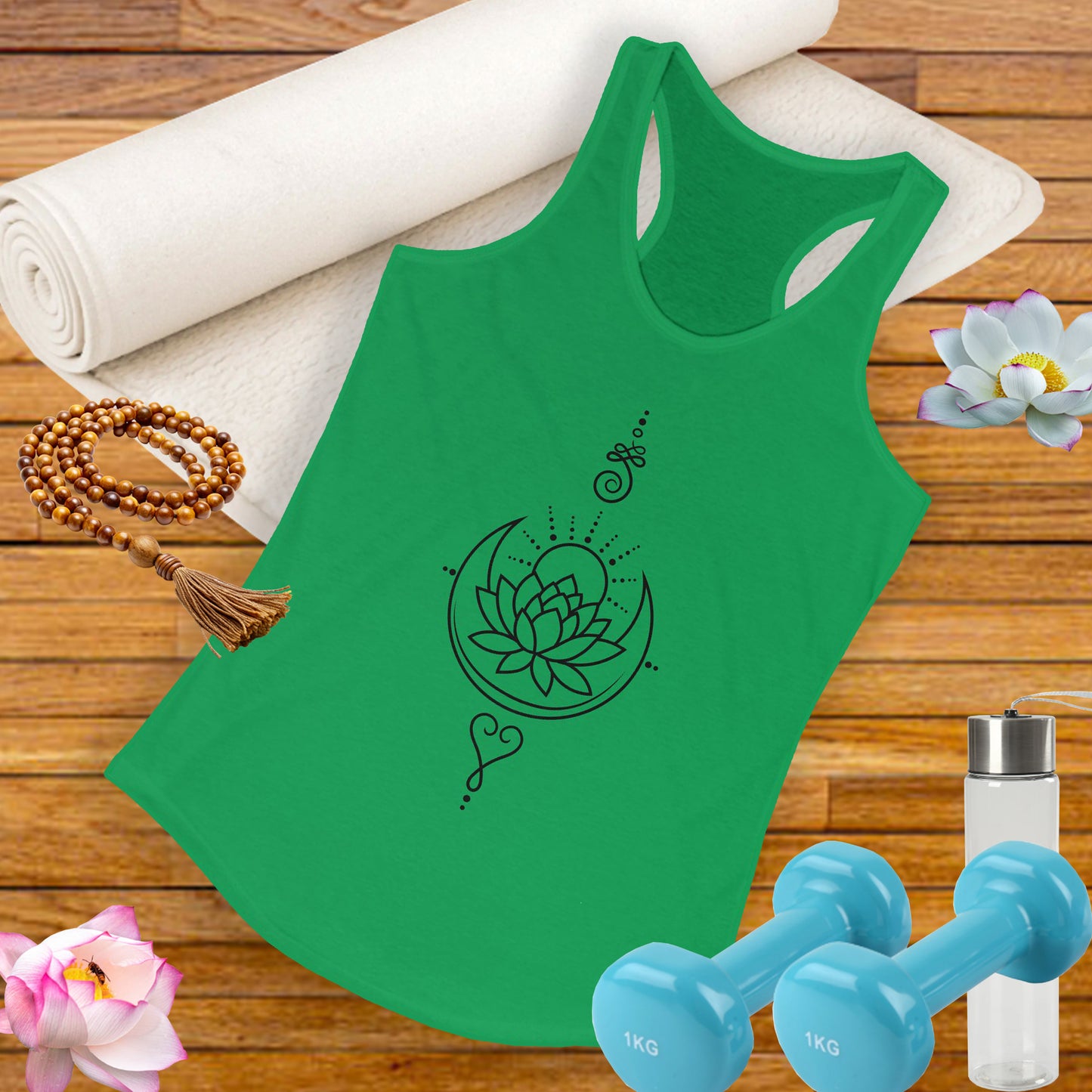 "Celestial Flow" Racerback Tank – Black New Moon Mandala with Rising Sun Design