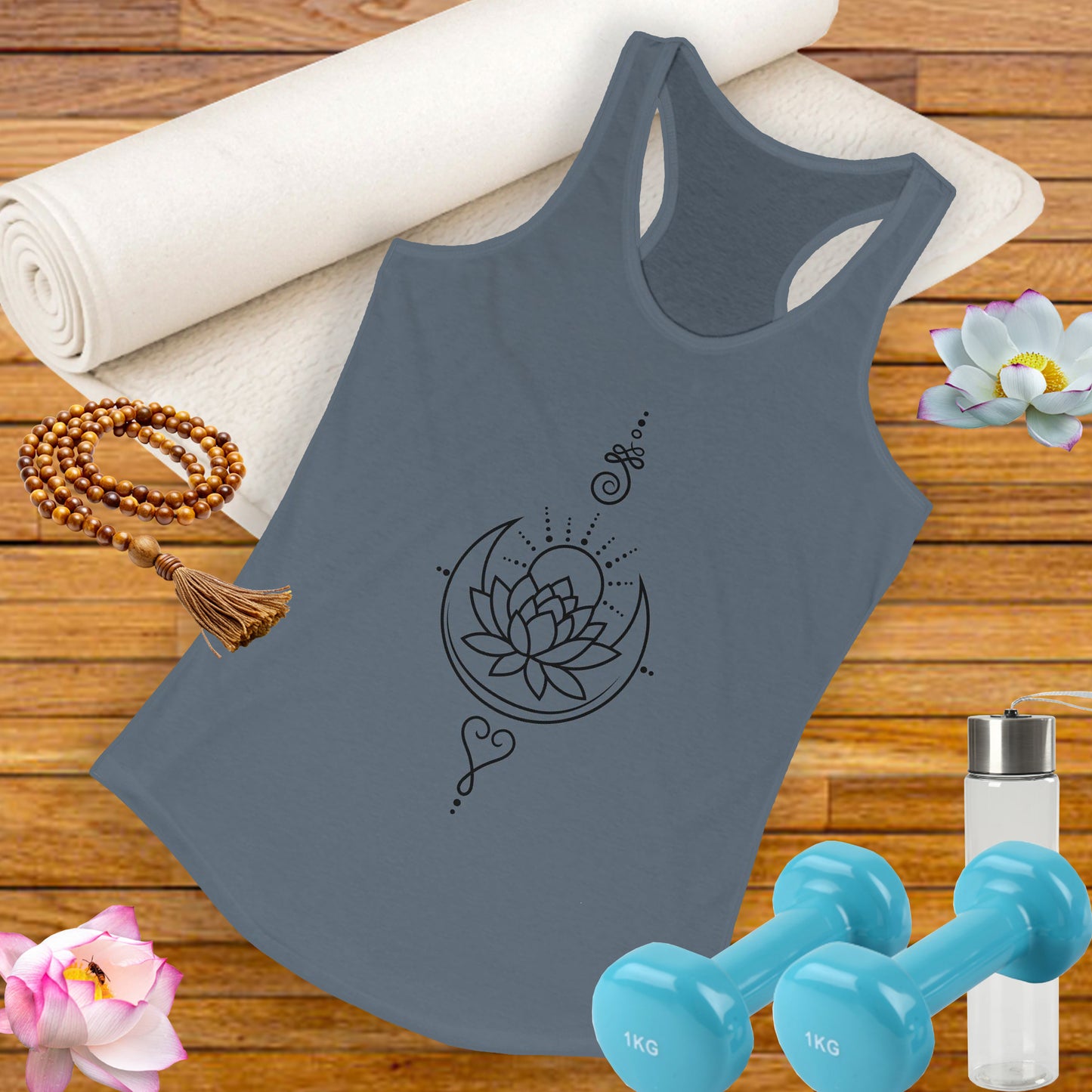 "Celestial Flow" Racerback Tank – Black New Moon Mandala with Rising Sun Design