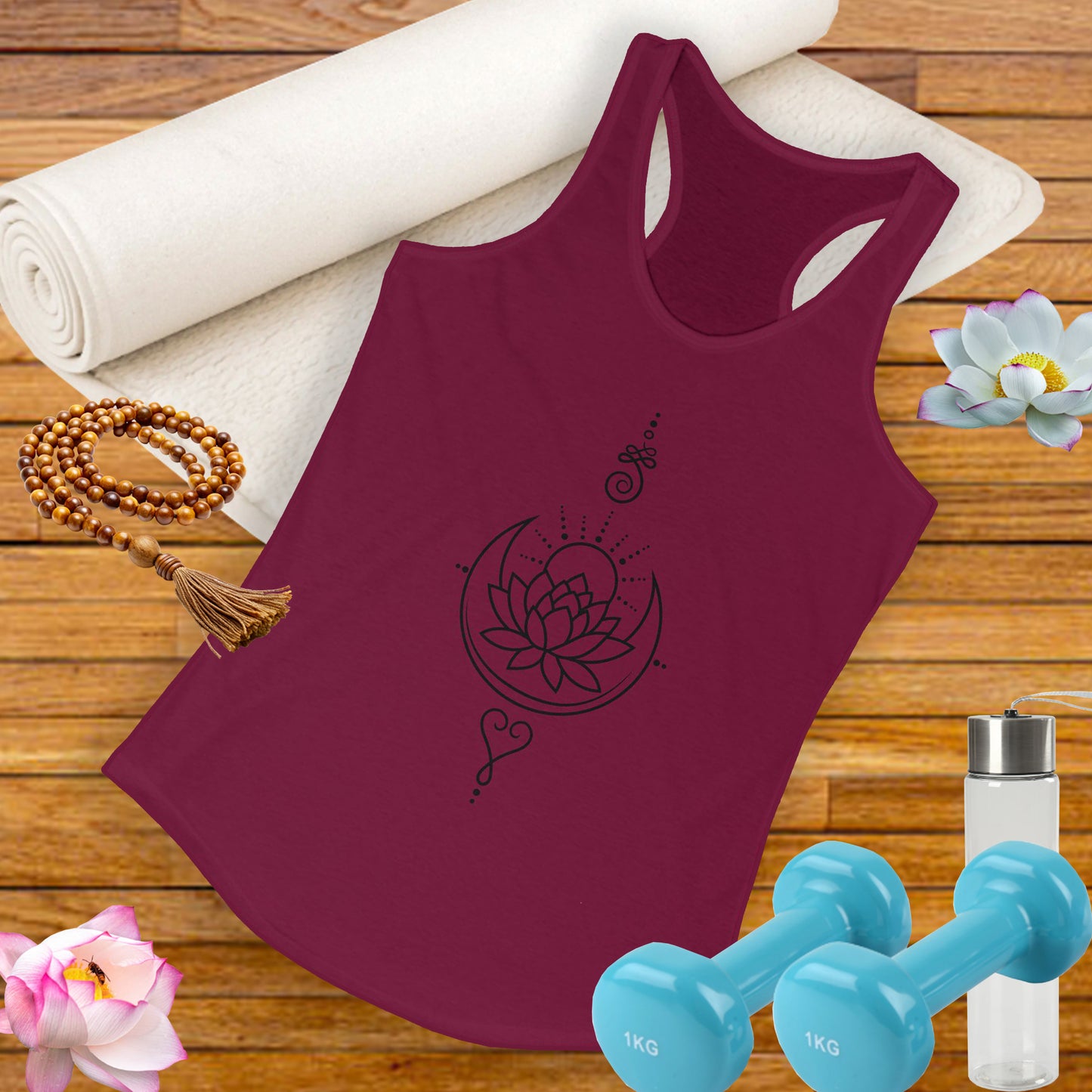 "Celestial Flow" Racerback Tank – Black New Moon Mandala with Rising Sun Design