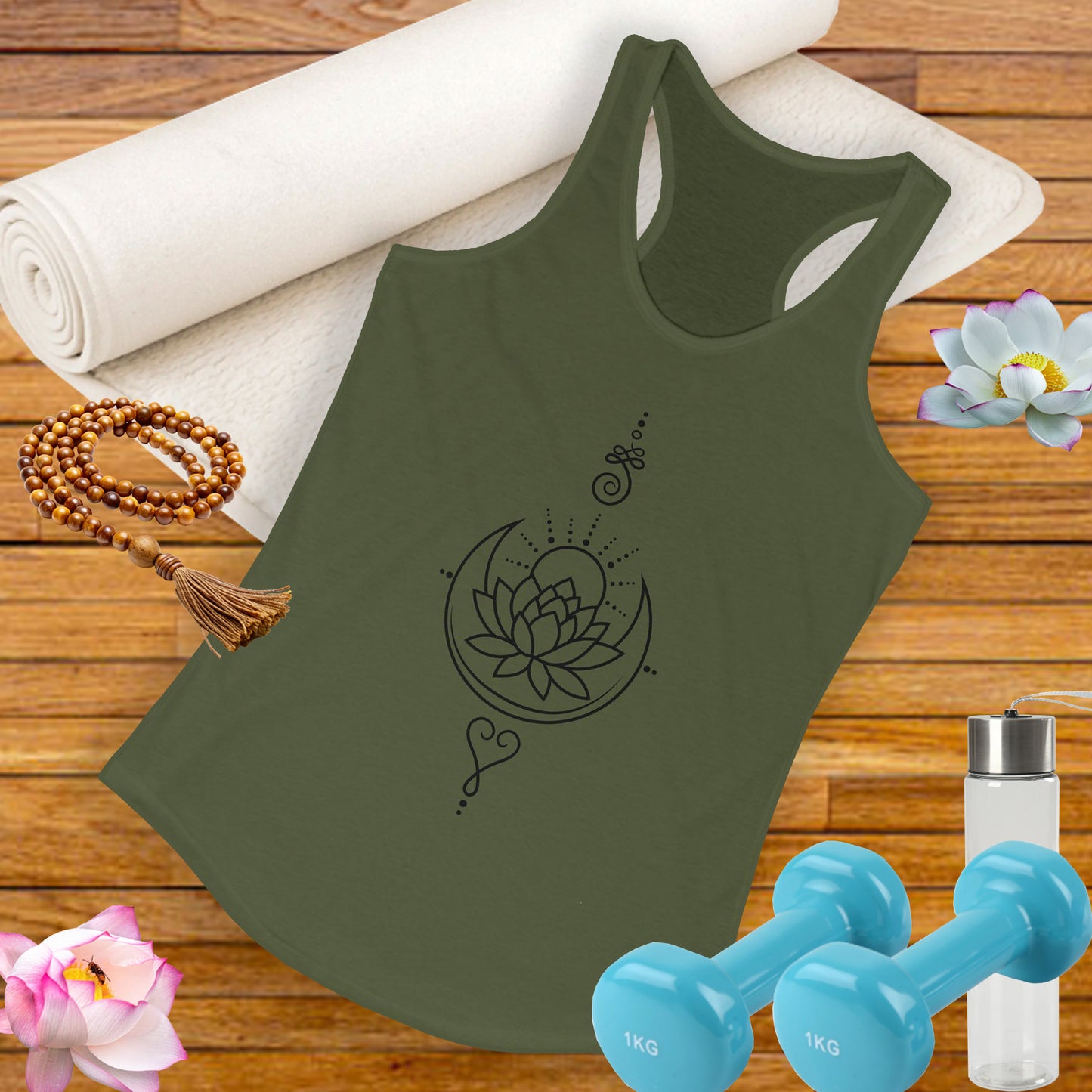 "Celestial Flow" Racerback Tank – Black New Moon Mandala with Rising Sun Design