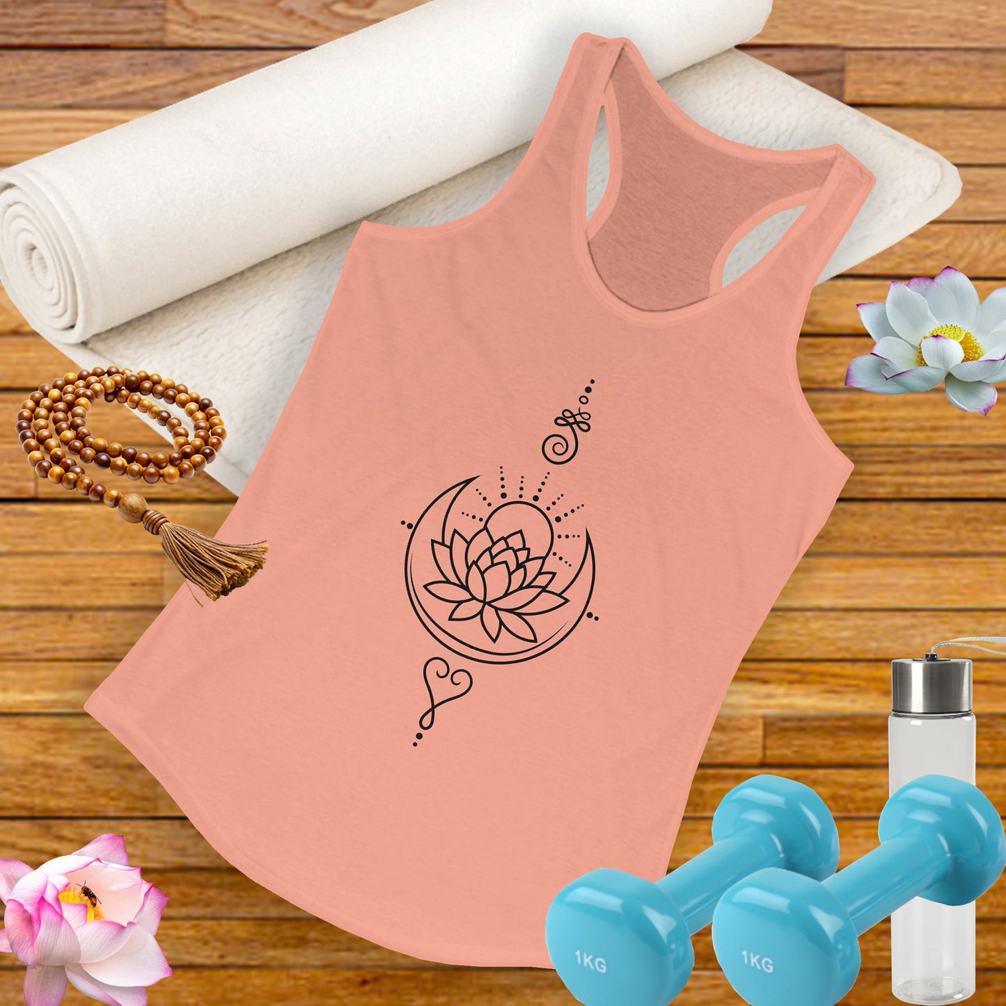 "Celestial Flow" Racerback Tank – Black New Moon Mandala with Rising Sun Design