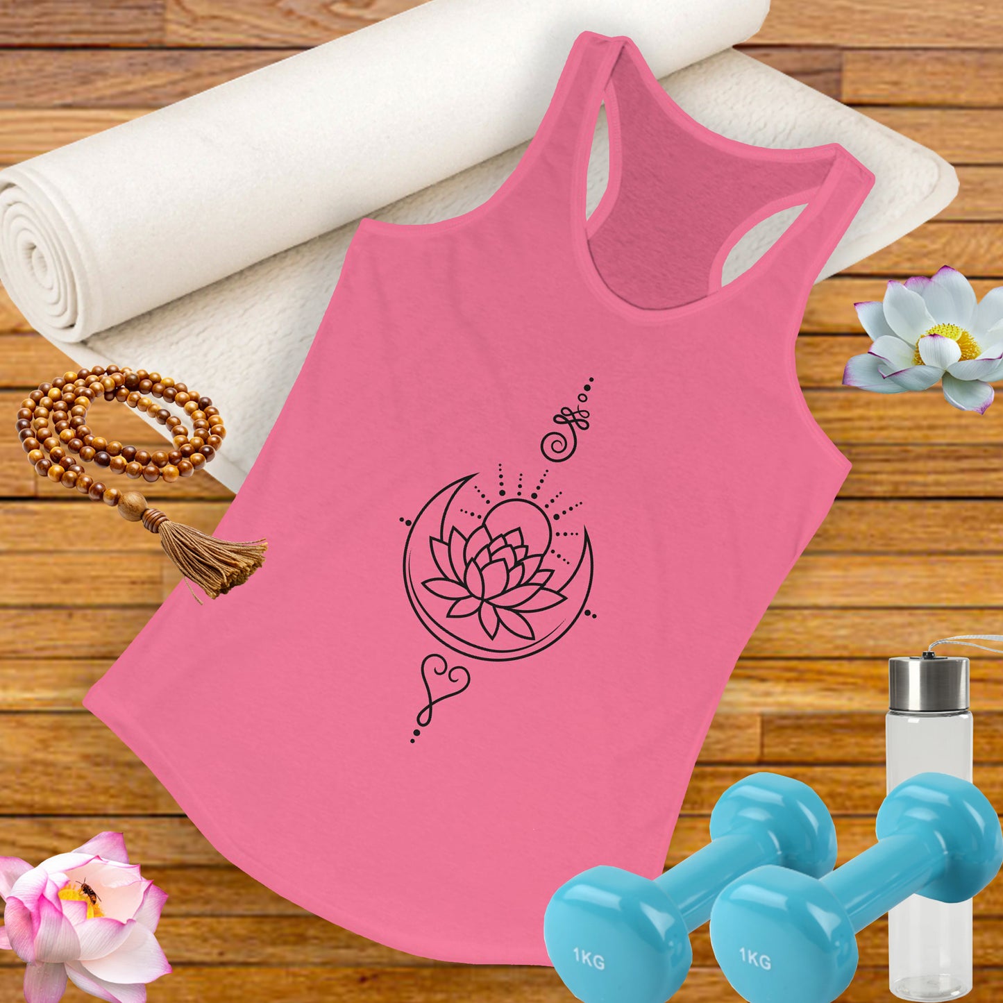 "Celestial Flow" Racerback Tank – Black New Moon Mandala with Rising Sun Design