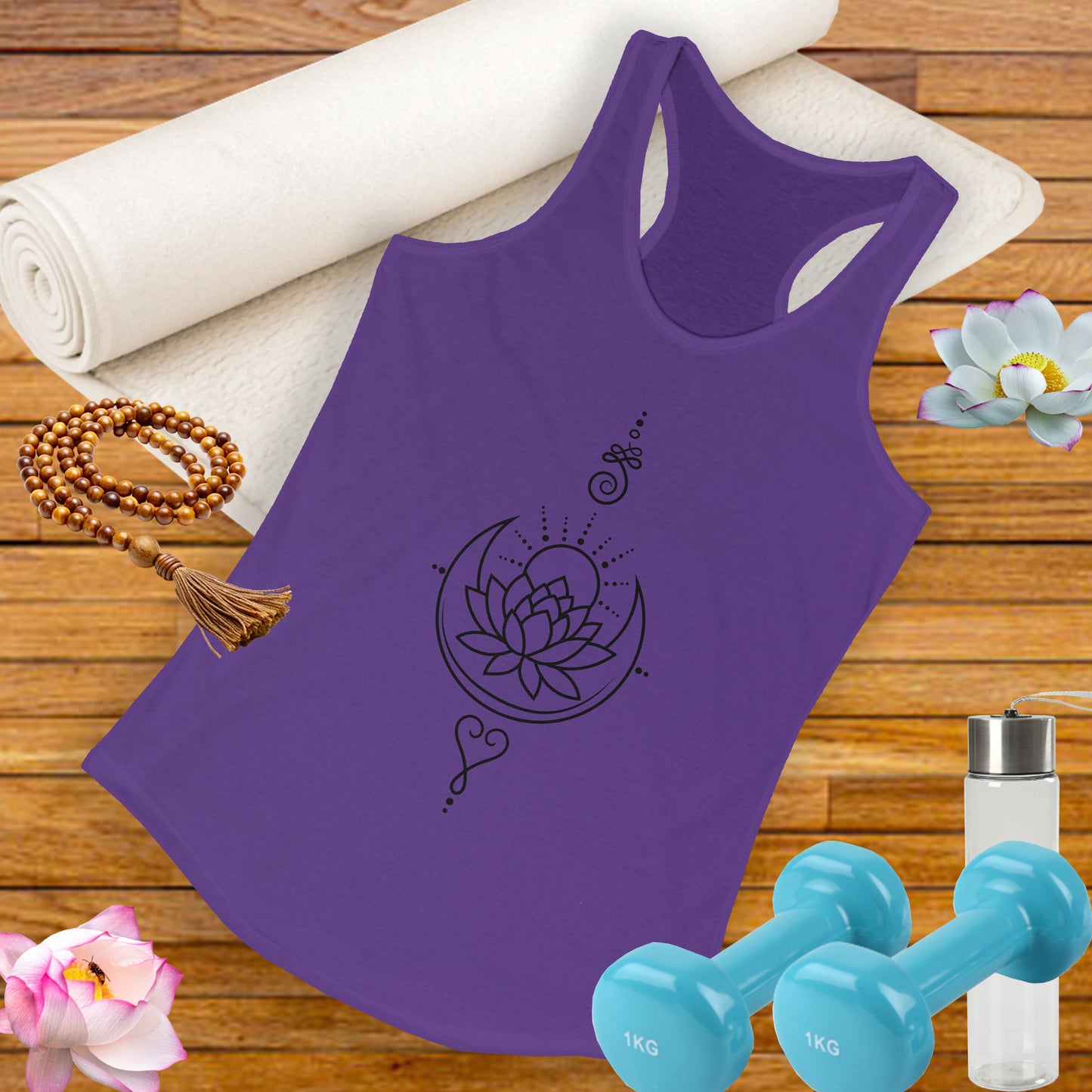 "Celestial Flow" Racerback Tank – Black New Moon Mandala with Rising Sun Design
