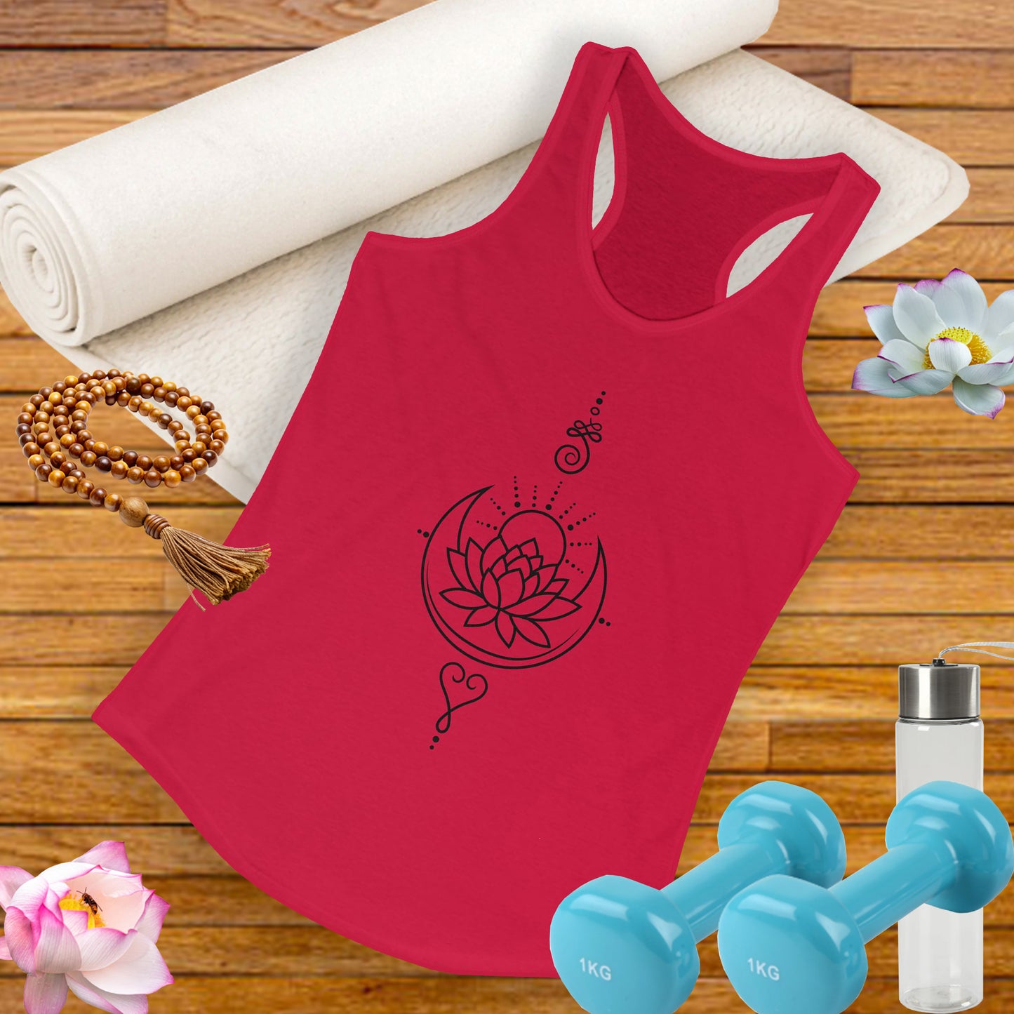 "Celestial Flow" Racerback Tank – Black New Moon Mandala with Rising Sun Design