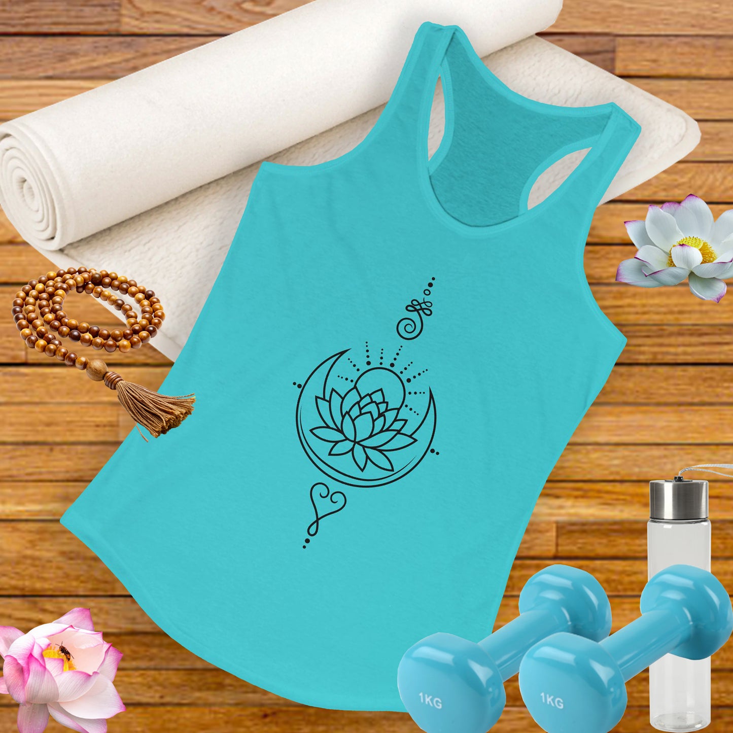 "Celestial Flow" Racerback Tank – Black New Moon Mandala with Rising Sun Design