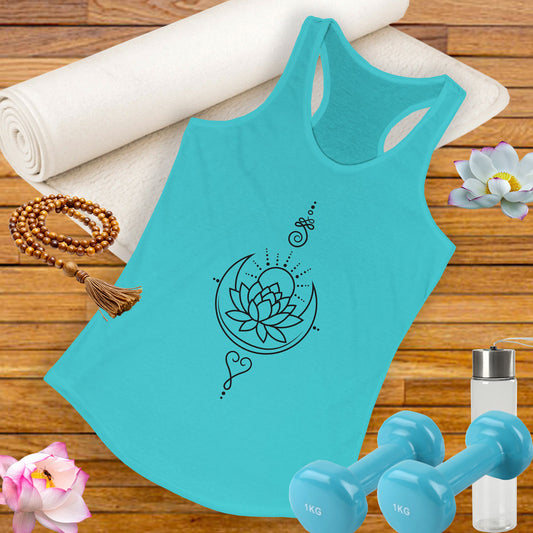 "Celestial Flow" Racerback Tank – Black New Moon Mandala with Rising Sun Design