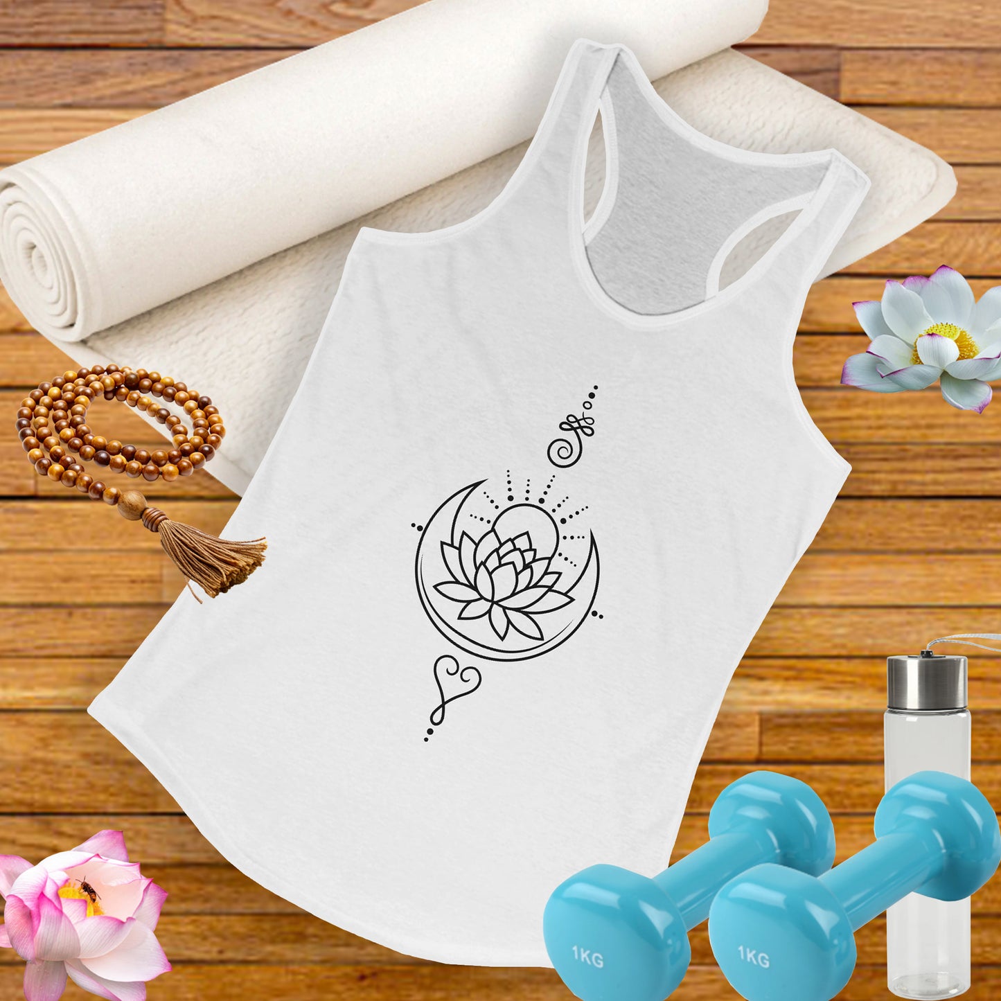"Celestial Flow" Racerback Tank – Black New Moon Mandala with Rising Sun Design