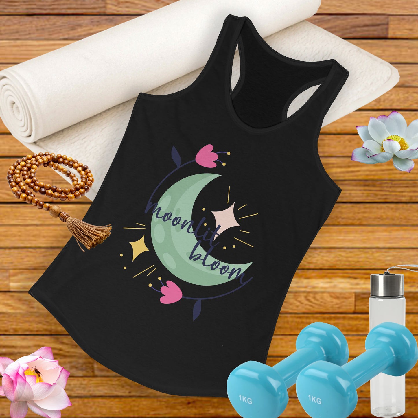 "Moonlit Bloom" - Floral Moon Women's Racerback Tank Top for Dreamy Souls