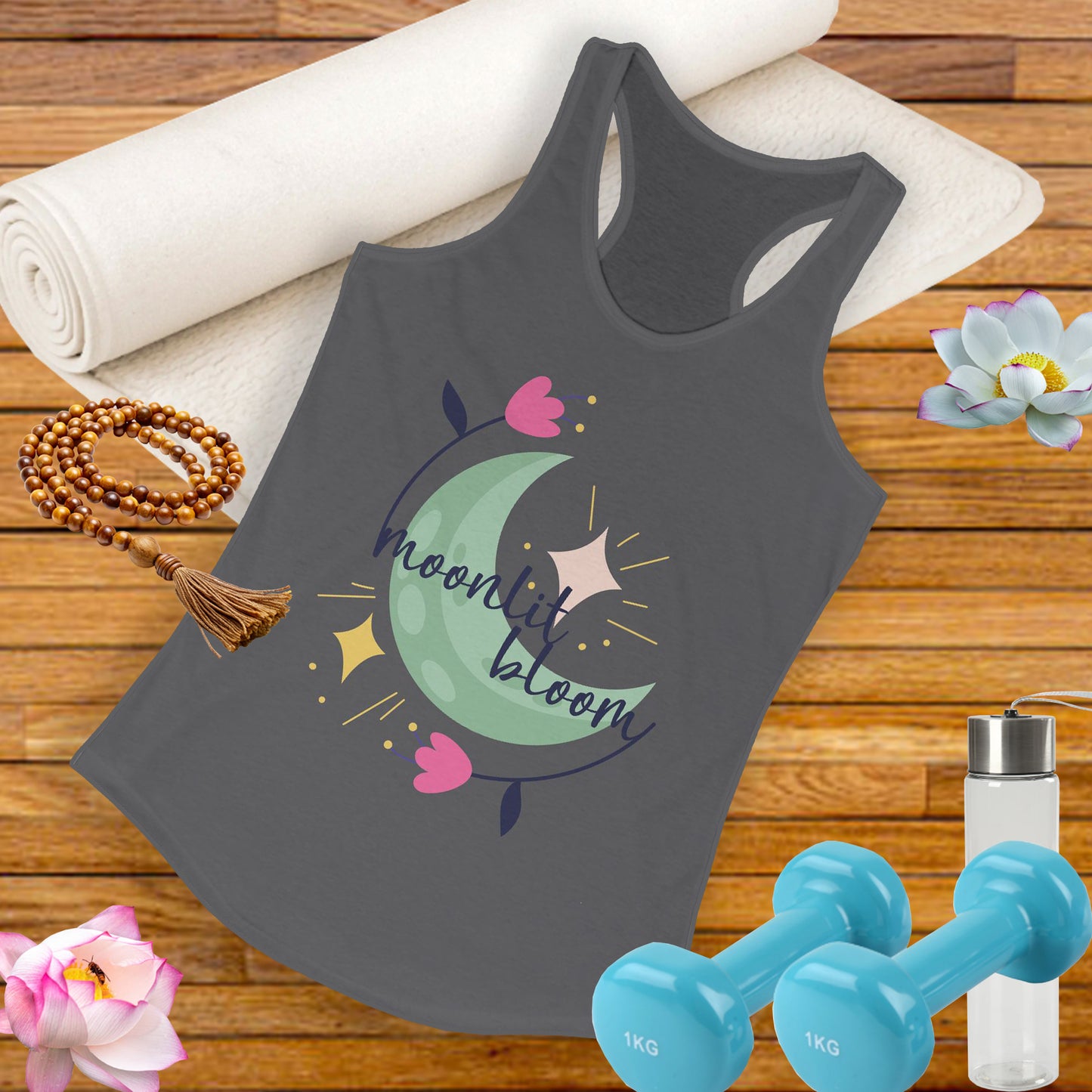 "Moonlit Bloom" - Floral Moon Women's Racerback Tank Top for Dreamy Souls