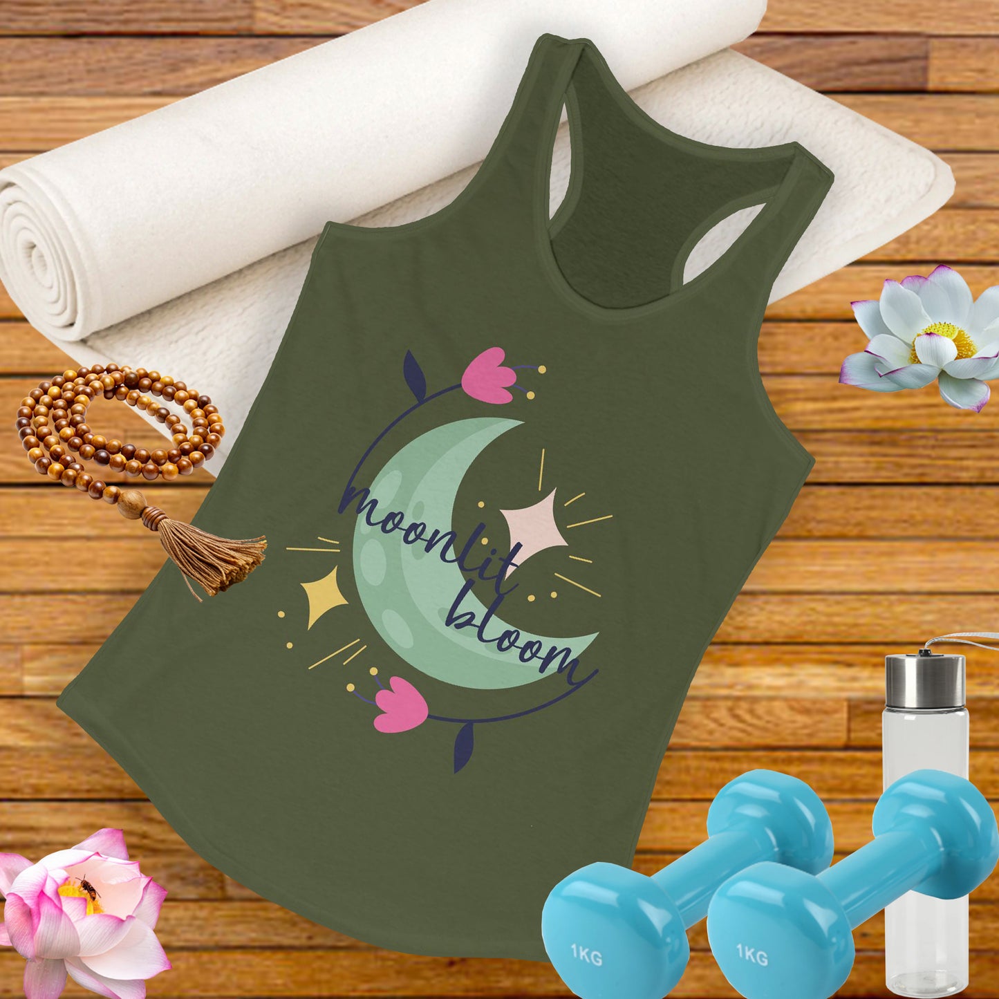 "Moonlit Bloom" - Floral Moon Women's Racerback Tank Top for Dreamy Souls