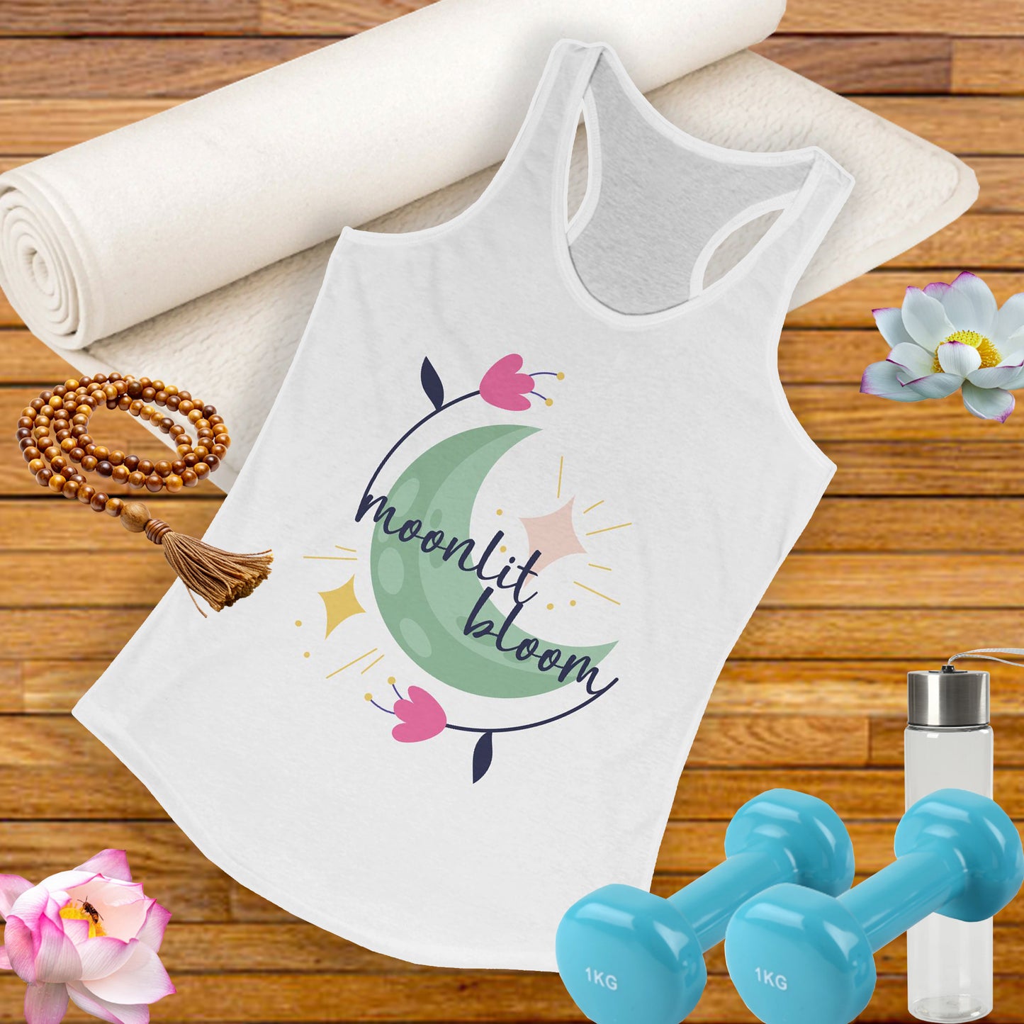 "Moonlit Bloom" - Floral Moon Women's Racerback Tank Top for Dreamy Souls
