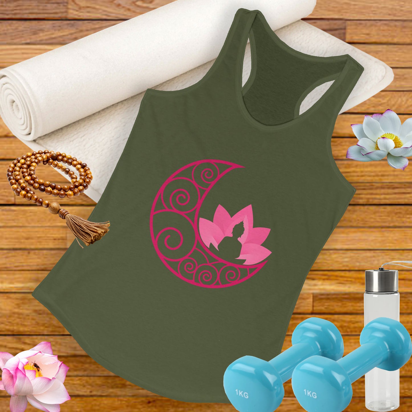 Moon & Buddha & Lotus Racerback Tank - Move in Peace, Glow with Intention