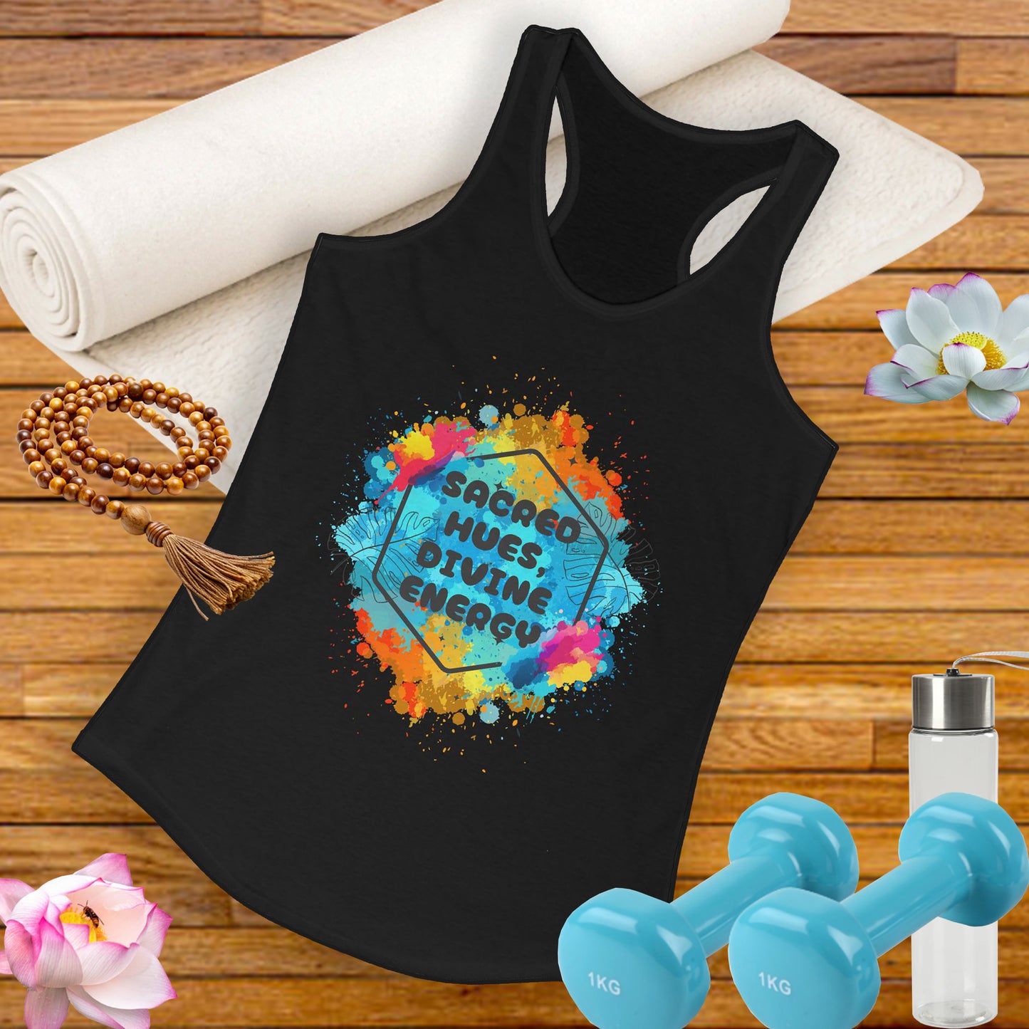 "Sacred Hues Divine Energy" Racerback Tank - Vibrant Artistic Design for Active Souls