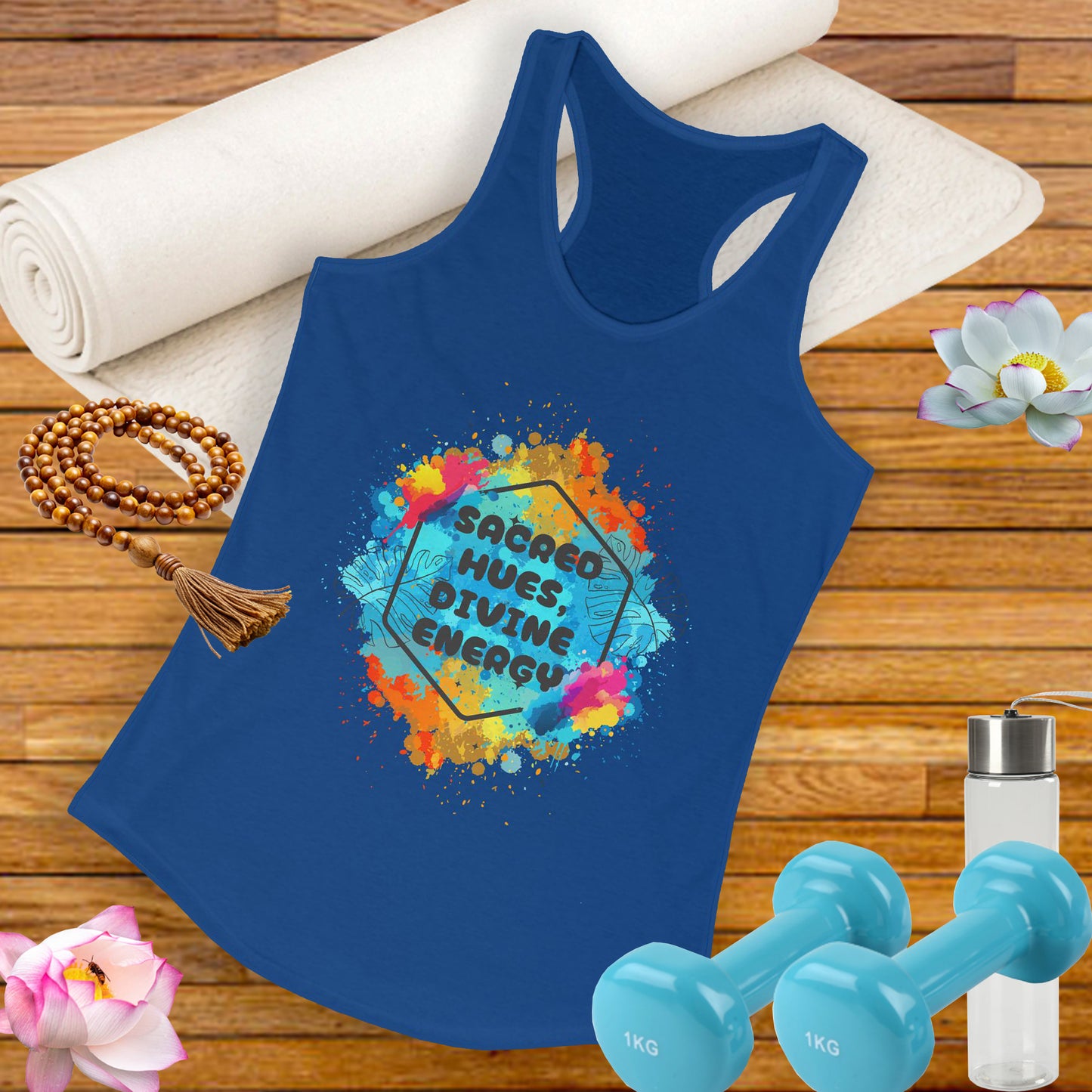 "Sacred Hues Divine Energy" Racerback Tank - Vibrant Artistic Design for Active Souls