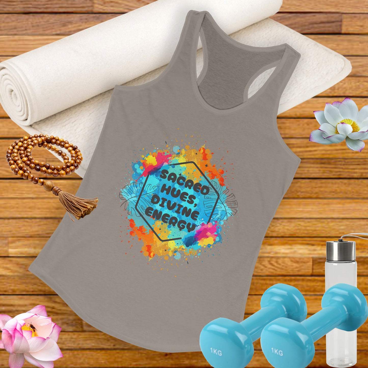 "Sacred Hues Divine Energy" Racerback Tank - Vibrant Artistic Design for Active Souls