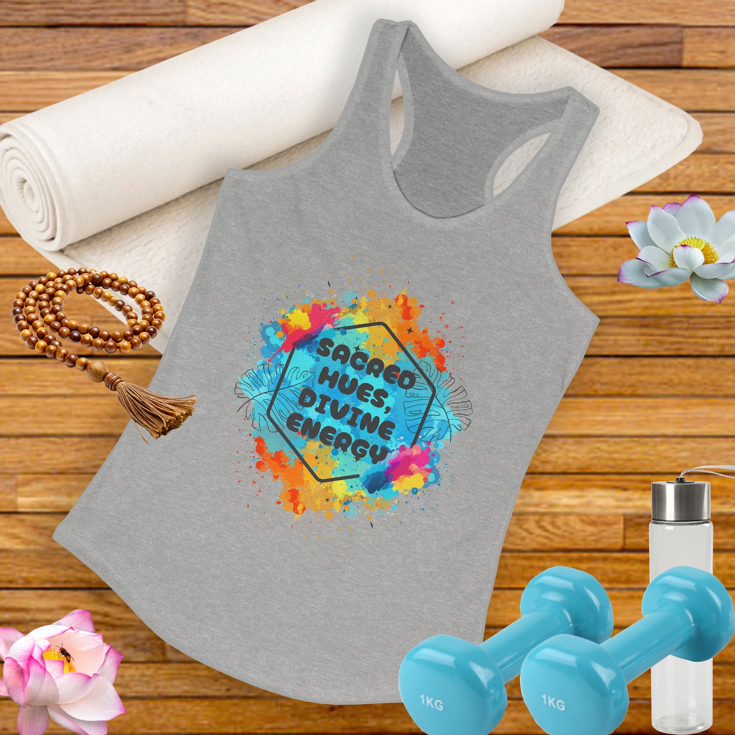 "Sacred Hues Divine Energy" Racerback Tank - Vibrant Artistic Design for Active Souls