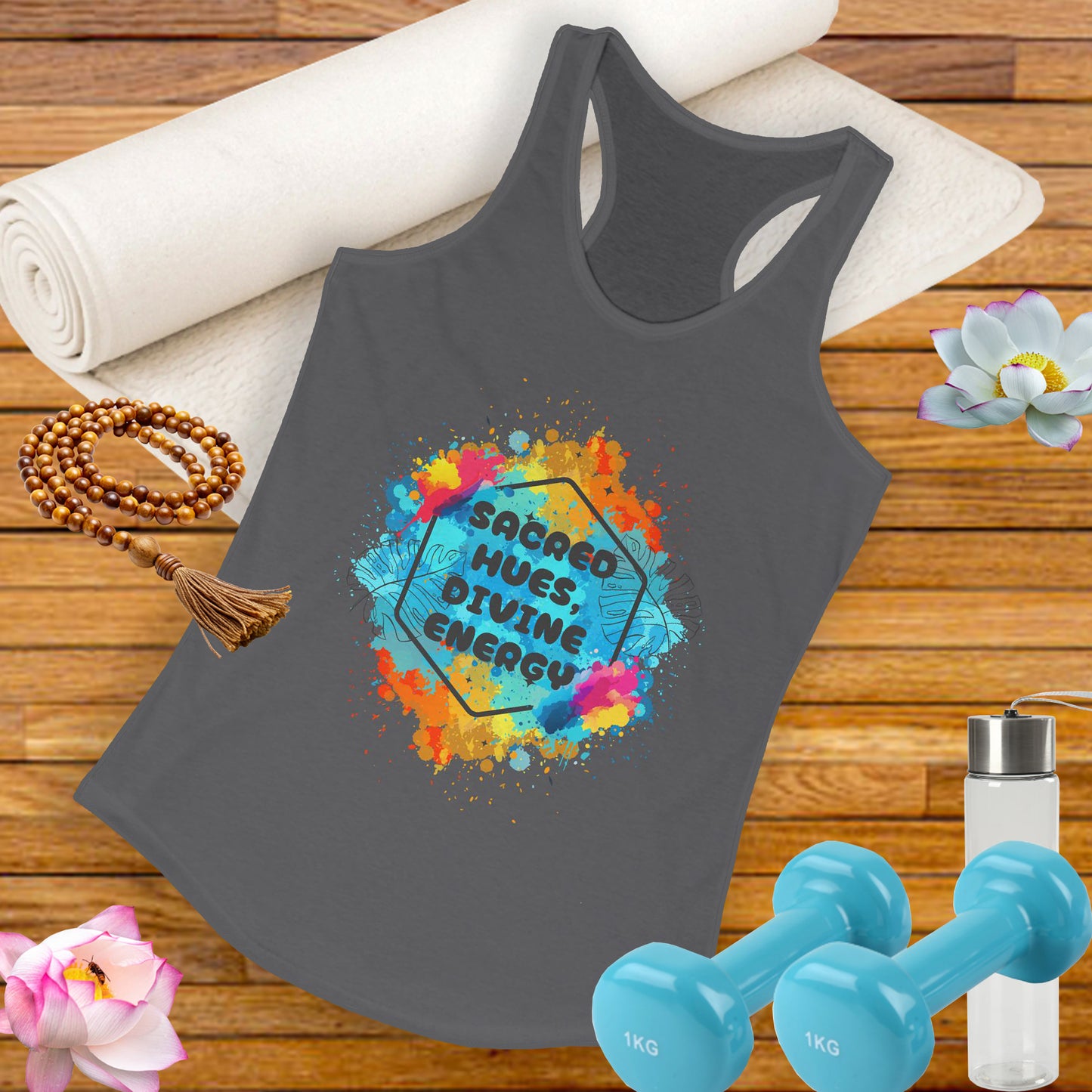 "Sacred Hues Divine Energy" Racerback Tank - Vibrant Artistic Design for Active Souls