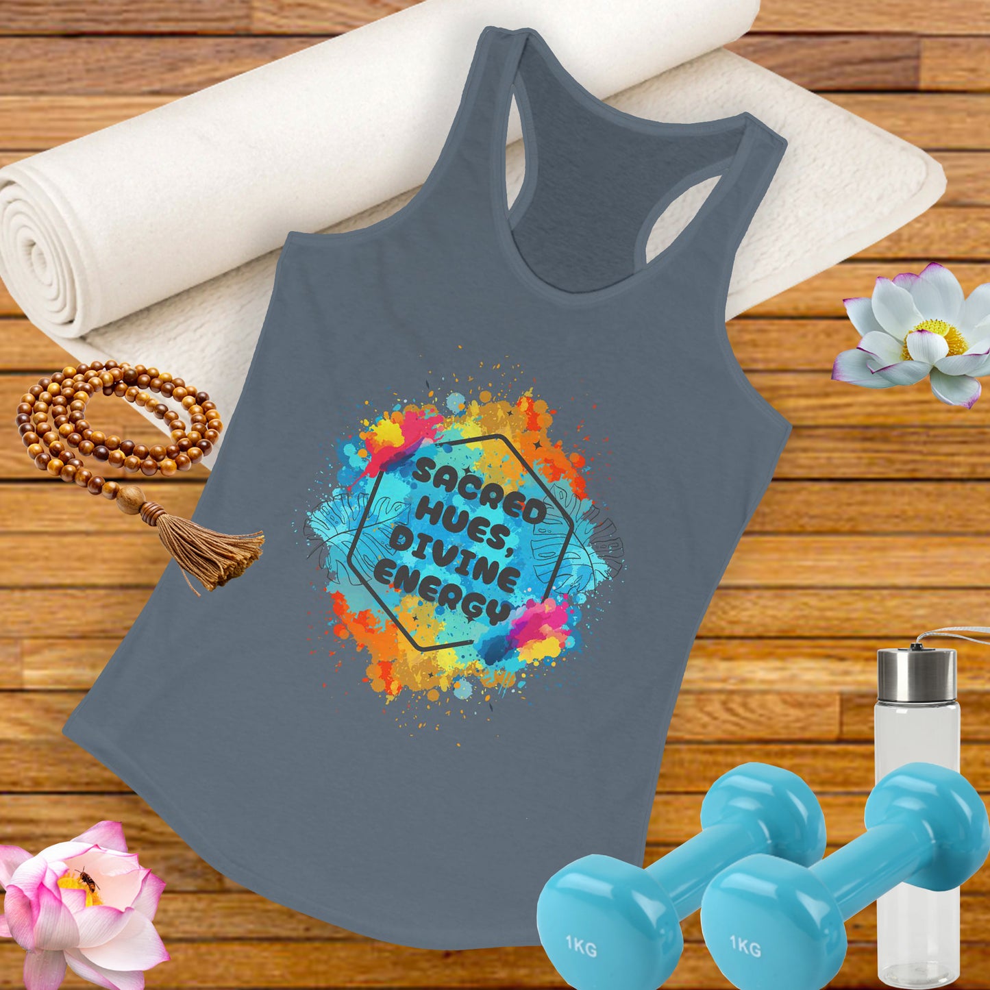 "Sacred Hues Divine Energy" Racerback Tank - Vibrant Artistic Design for Active Souls