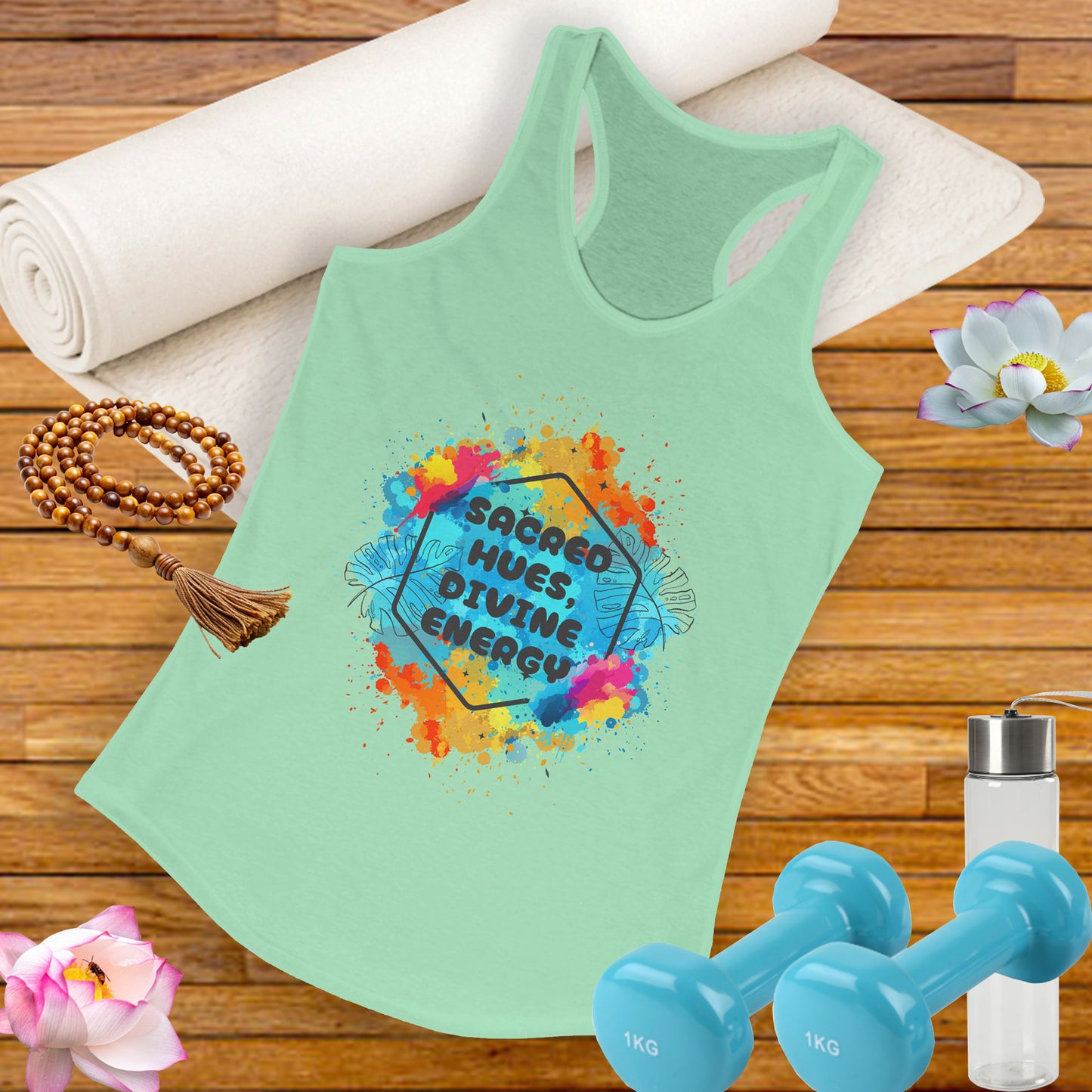 "Sacred Hues Divine Energy" Racerback Tank - Vibrant Artistic Design for Active Souls
