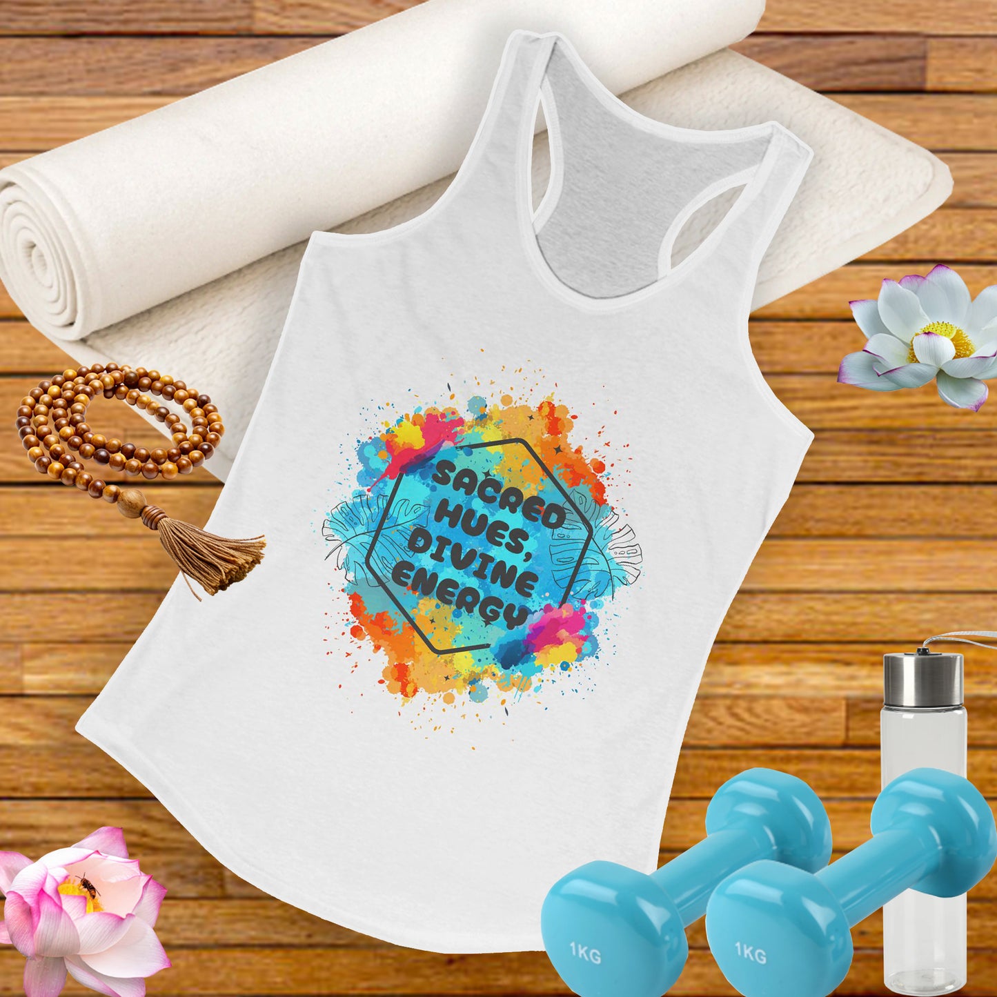 "Sacred Hues Divine Energy" Racerback Tank - Vibrant Artistic Design for Active Souls