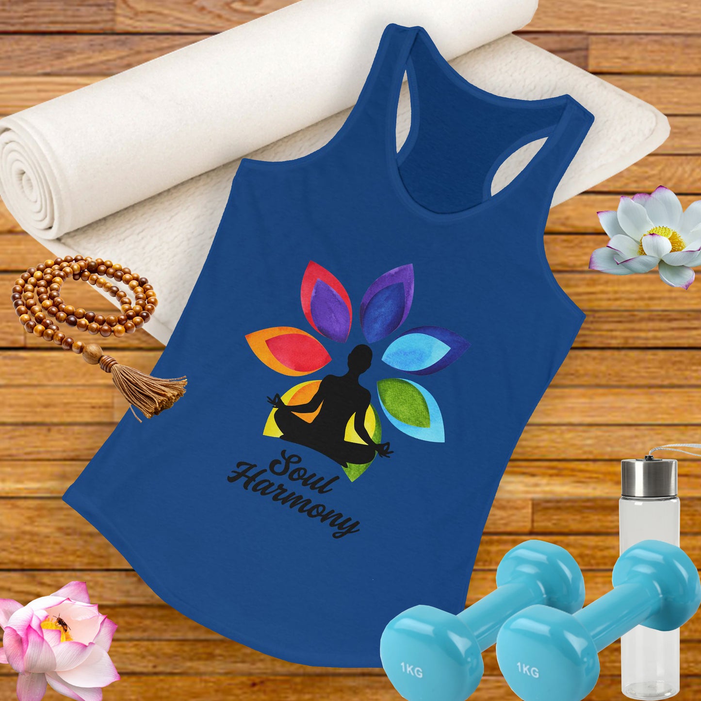 “Soul Harmony” Racerback Tank - Meditating Figure with Vibrant Mandala Flower Design