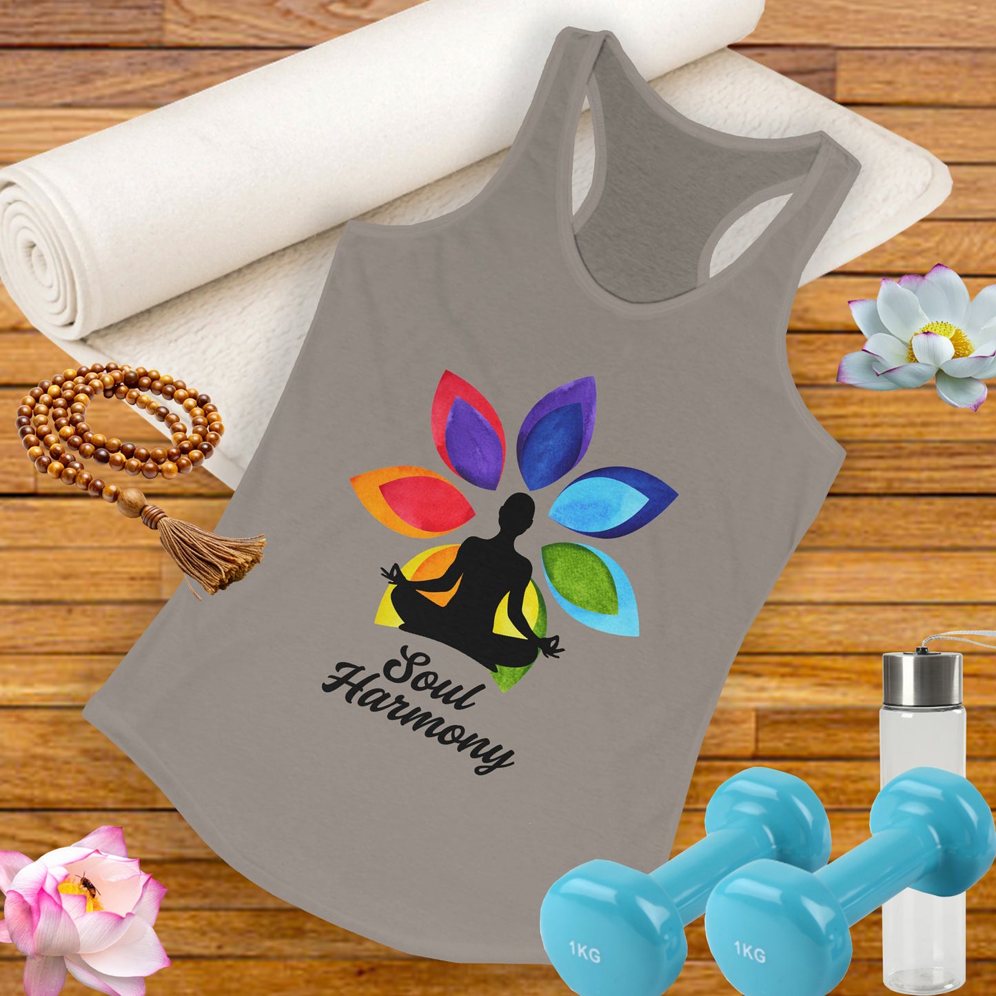 “Soul Harmony” Racerback Tank - Meditating Figure with Vibrant Mandala Flower Design