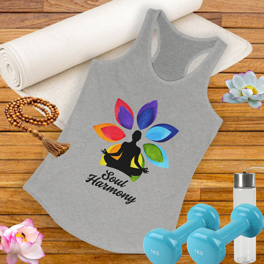 “Soul Harmony” Racerback Tank - Meditating Figure with Vibrant Mandala Flower Design
