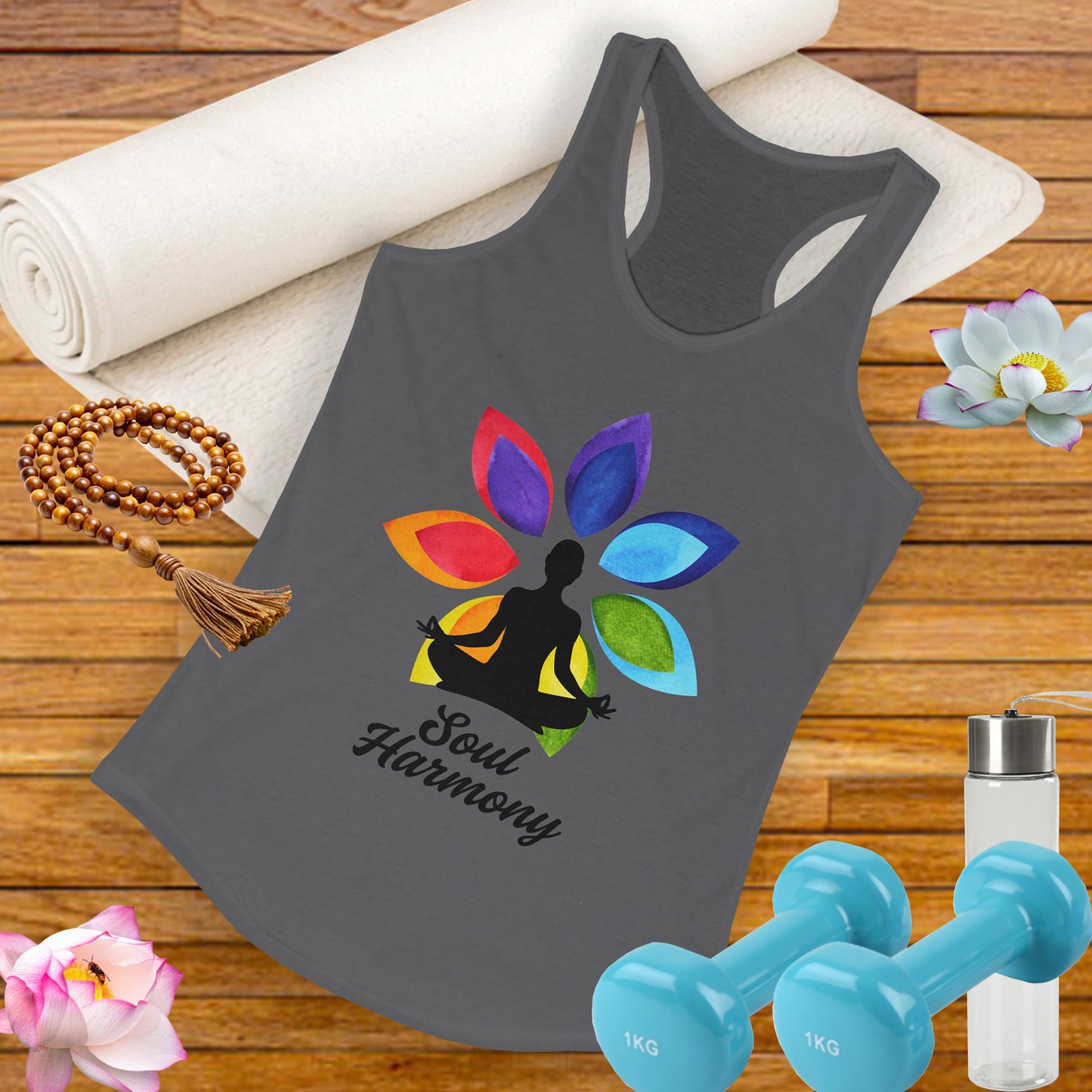 “Soul Harmony” Racerback Tank - Meditating Figure with Vibrant Mandala Flower Design