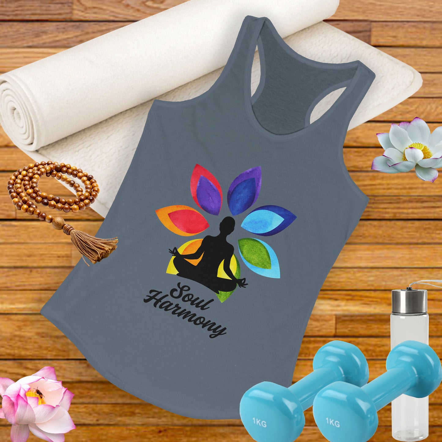 “Soul Harmony” Racerback Tank - Meditating Figure with Vibrant Mandala Flower Design