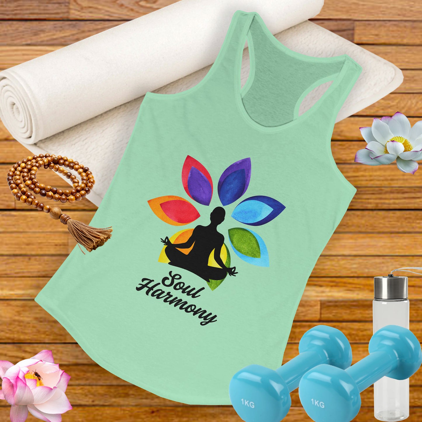 “Soul Harmony” Racerback Tank - Meditating Figure with Vibrant Mandala Flower Design