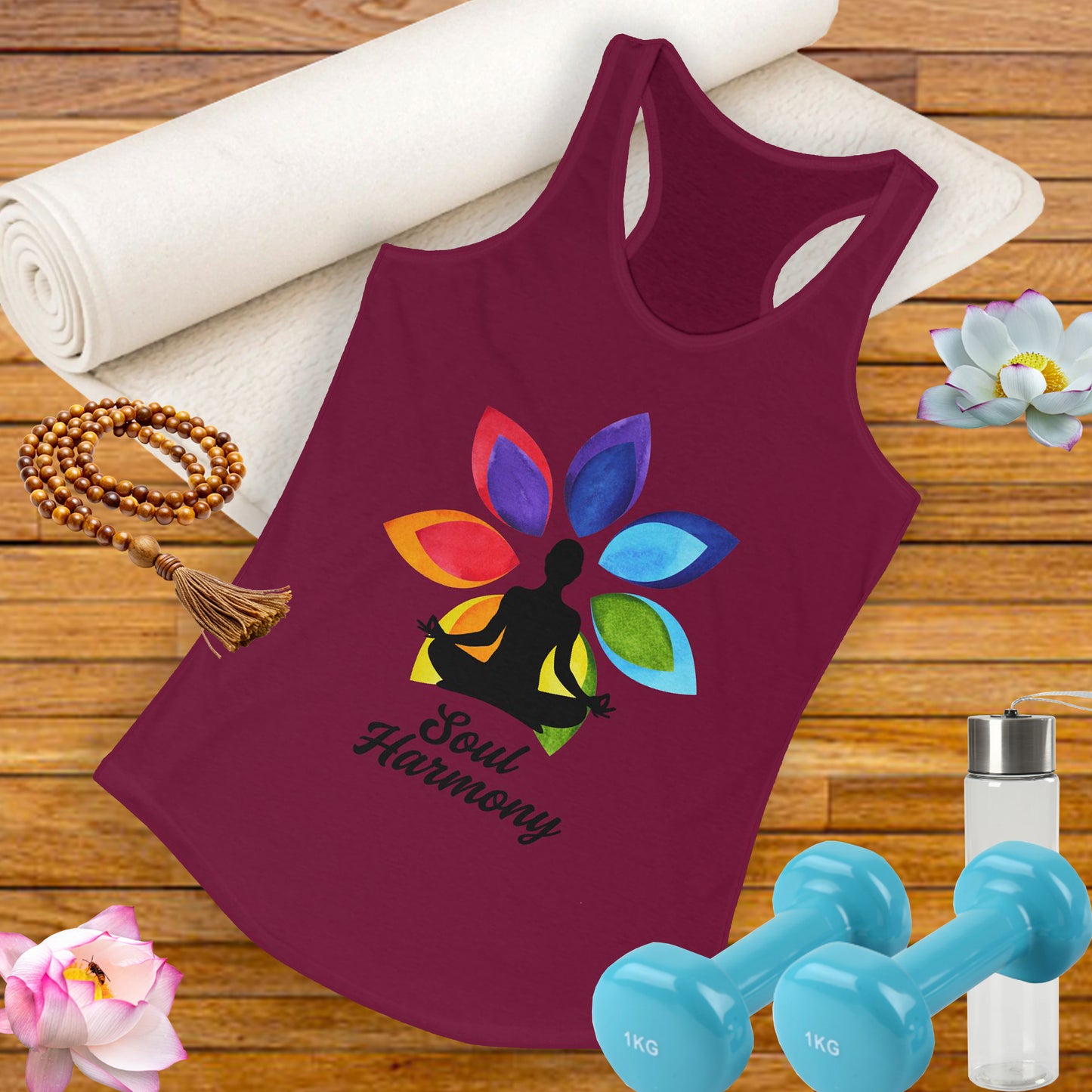 “Soul Harmony” Racerback Tank - Meditating Figure with Vibrant Mandala Flower Design