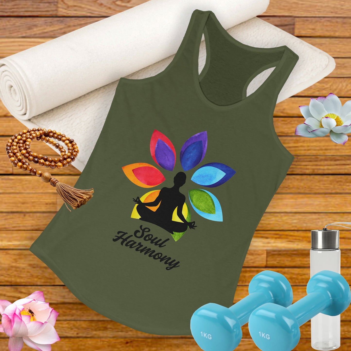 “Soul Harmony” Racerback Tank - Meditating Figure with Vibrant Mandala Flower Design