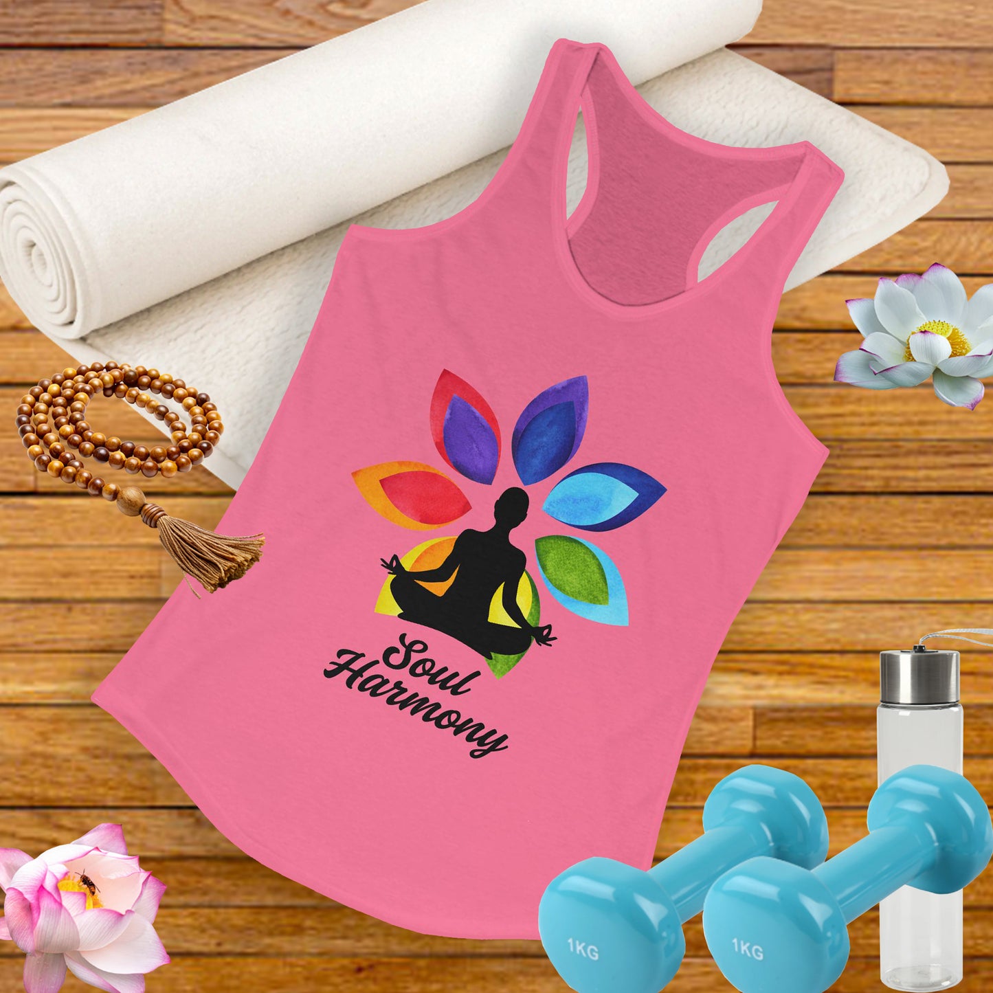 “Soul Harmony” Racerback Tank - Meditating Figure with Vibrant Mandala Flower Design
