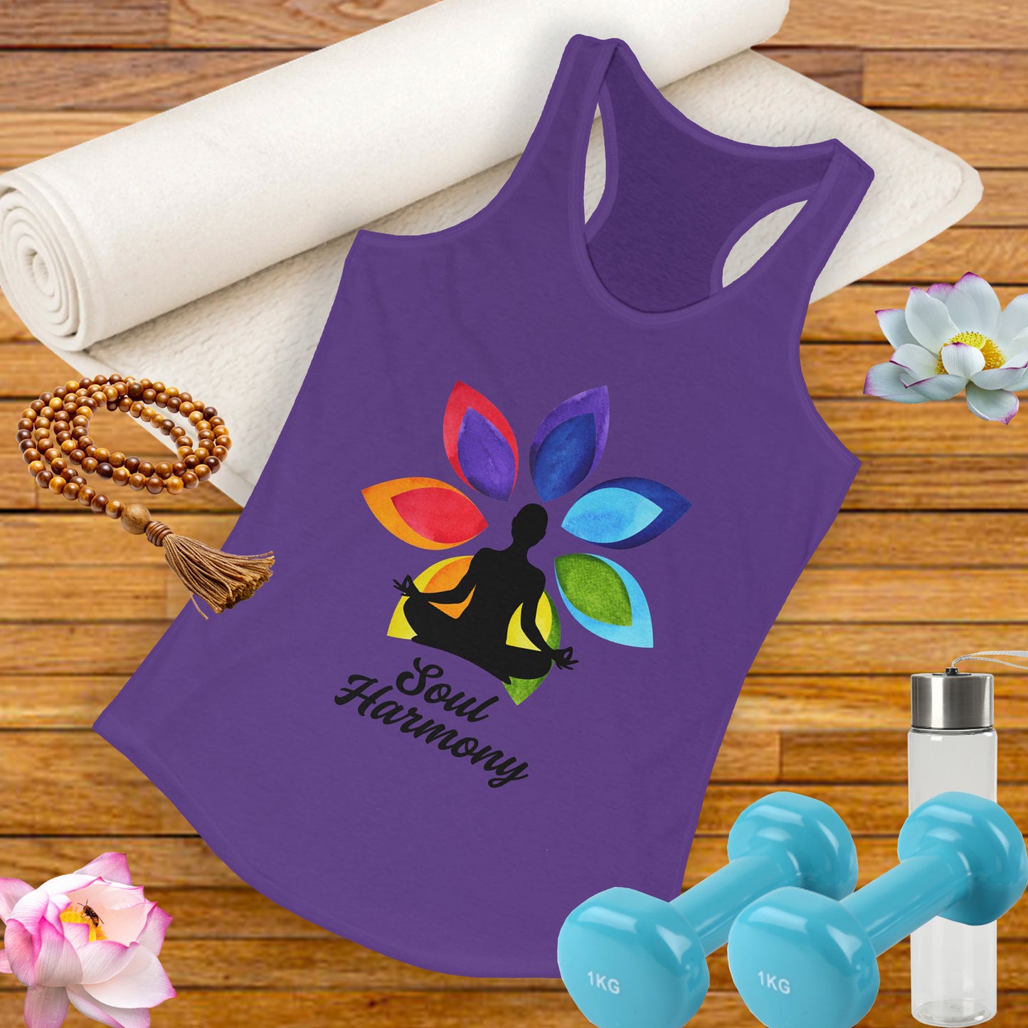 “Soul Harmony” Racerback Tank - Meditating Figure with Vibrant Mandala Flower Design