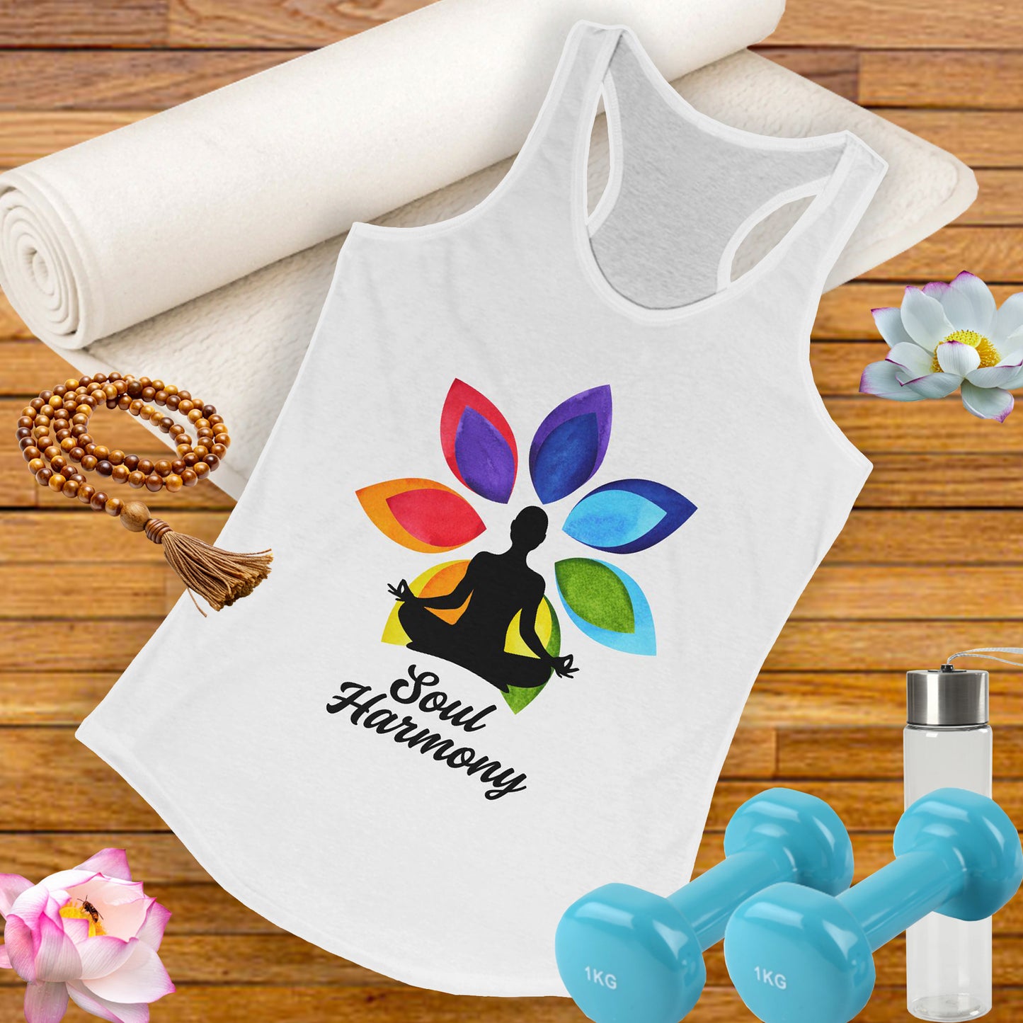 “Soul Harmony” Racerback Tank - Meditating Figure with Vibrant Mandala Flower Design