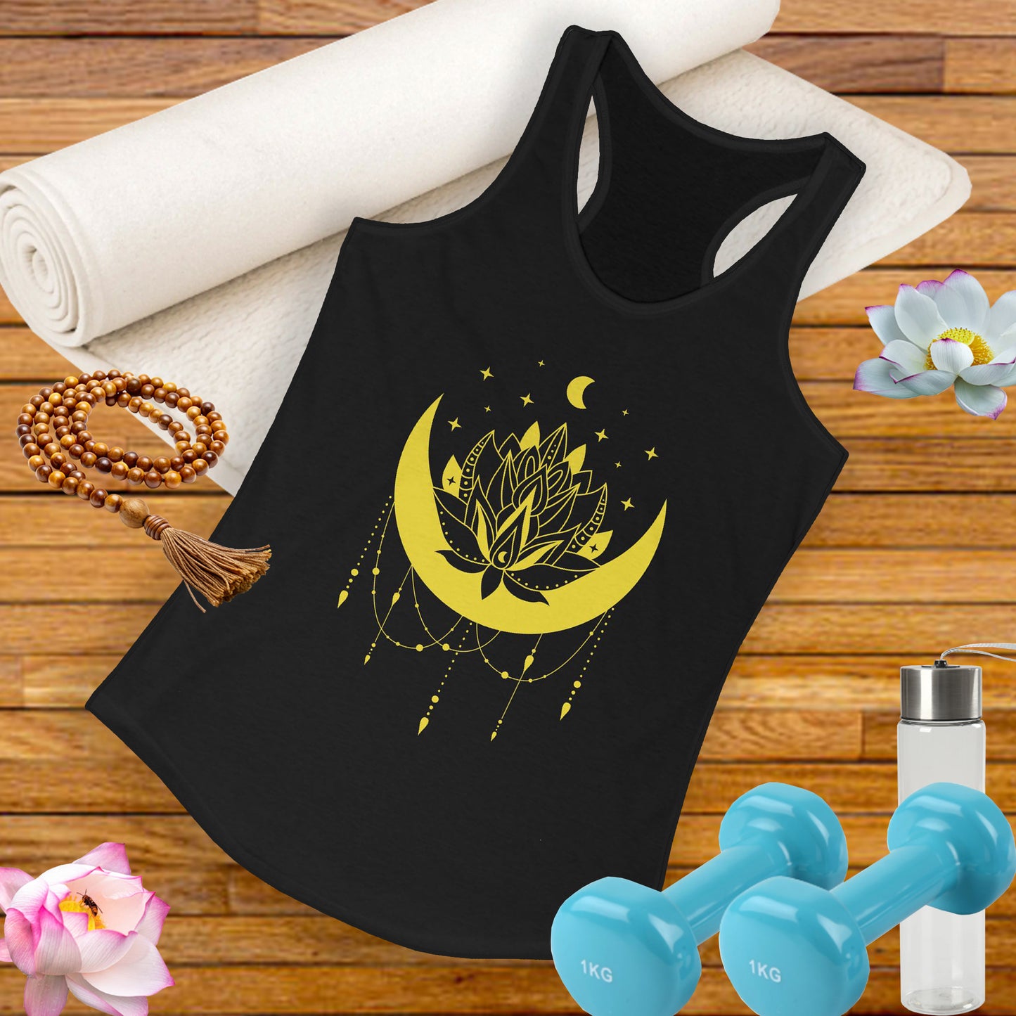 BOHO Moon & Lotus Racerback Tank – Soft Elegance for Mindful Living