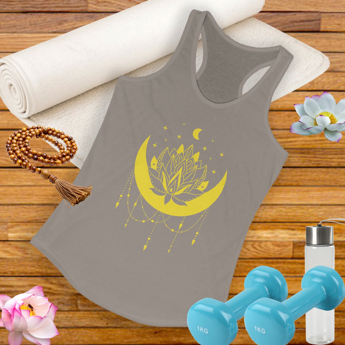 BOHO Moon & Lotus Racerback Tank – Soft Elegance for Mindful Living