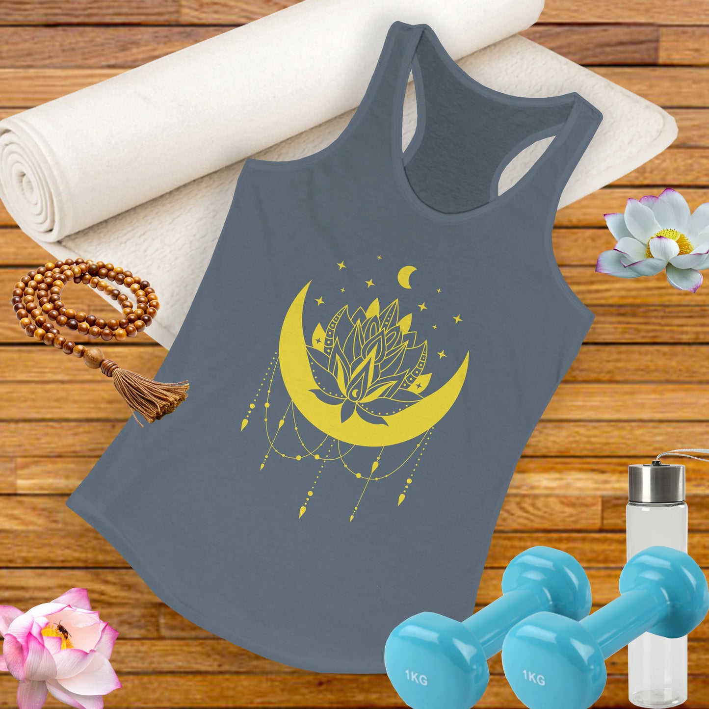 BOHO Moon & Lotus Racerback Tank – Soft Elegance for Mindful Living