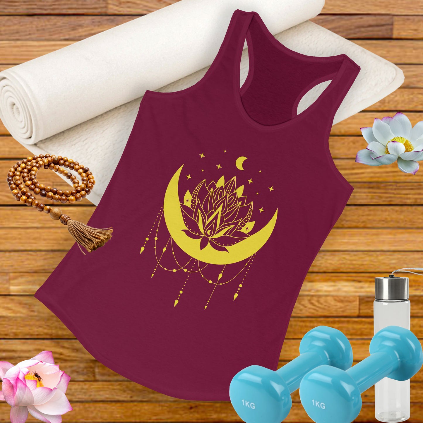 BOHO Moon & Lotus Racerback Tank – Soft Elegance for Mindful Living