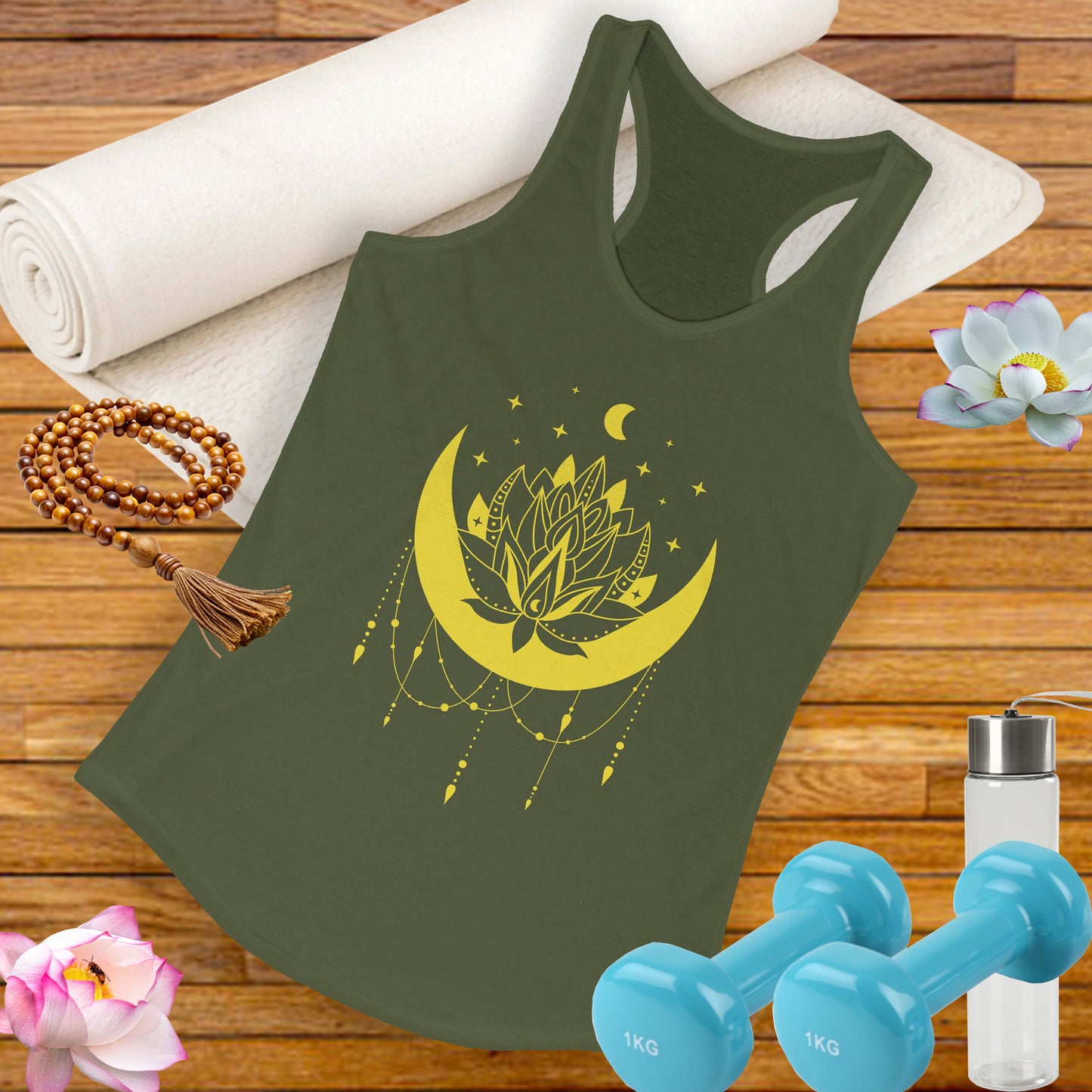 BOHO Moon & Lotus Racerback Tank – Soft Elegance for Mindful Living