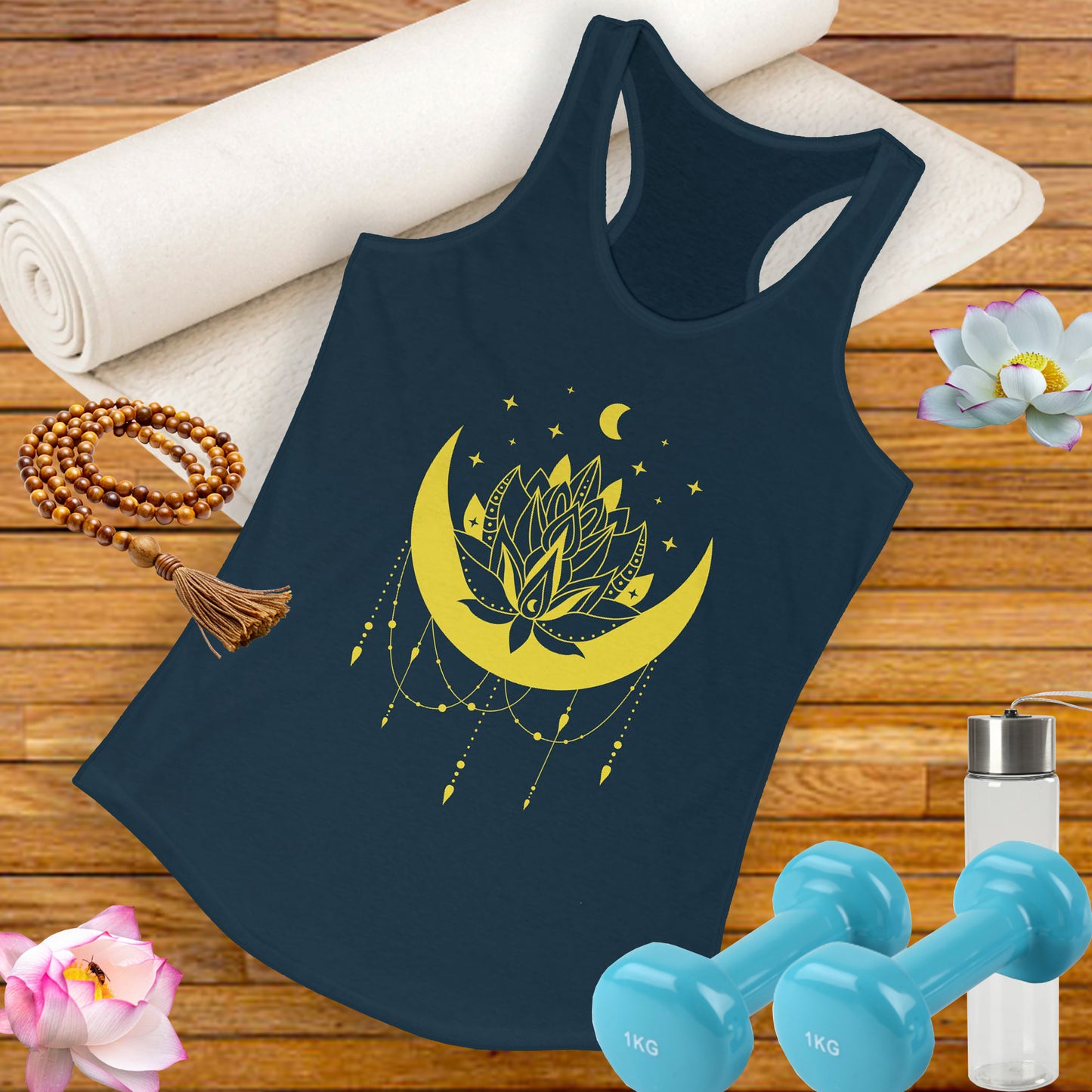 BOHO Moon & Lotus Racerback Tank – Soft Elegance for Mindful Living