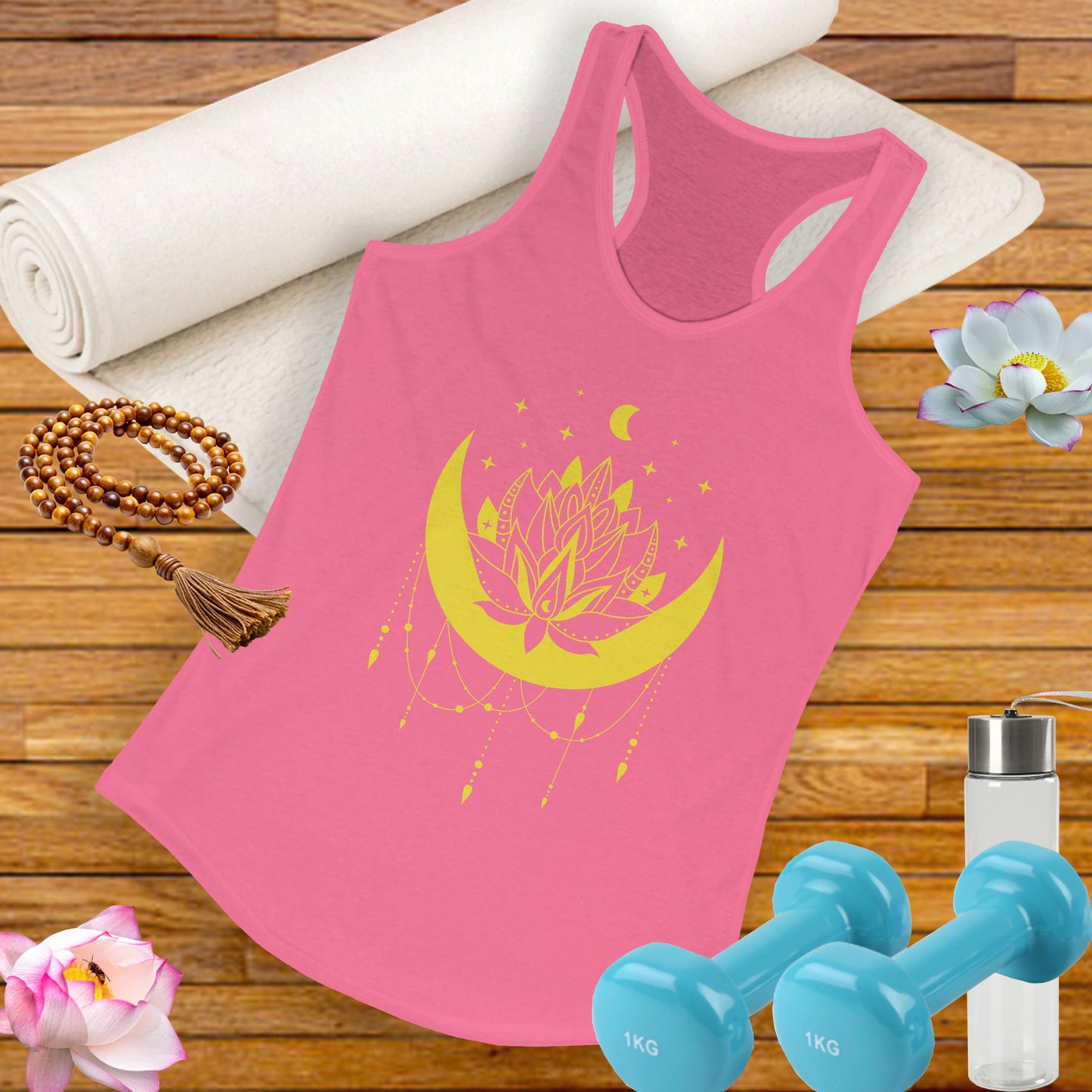 BOHO Moon & Lotus Racerback Tank – Soft Elegance for Mindful Living