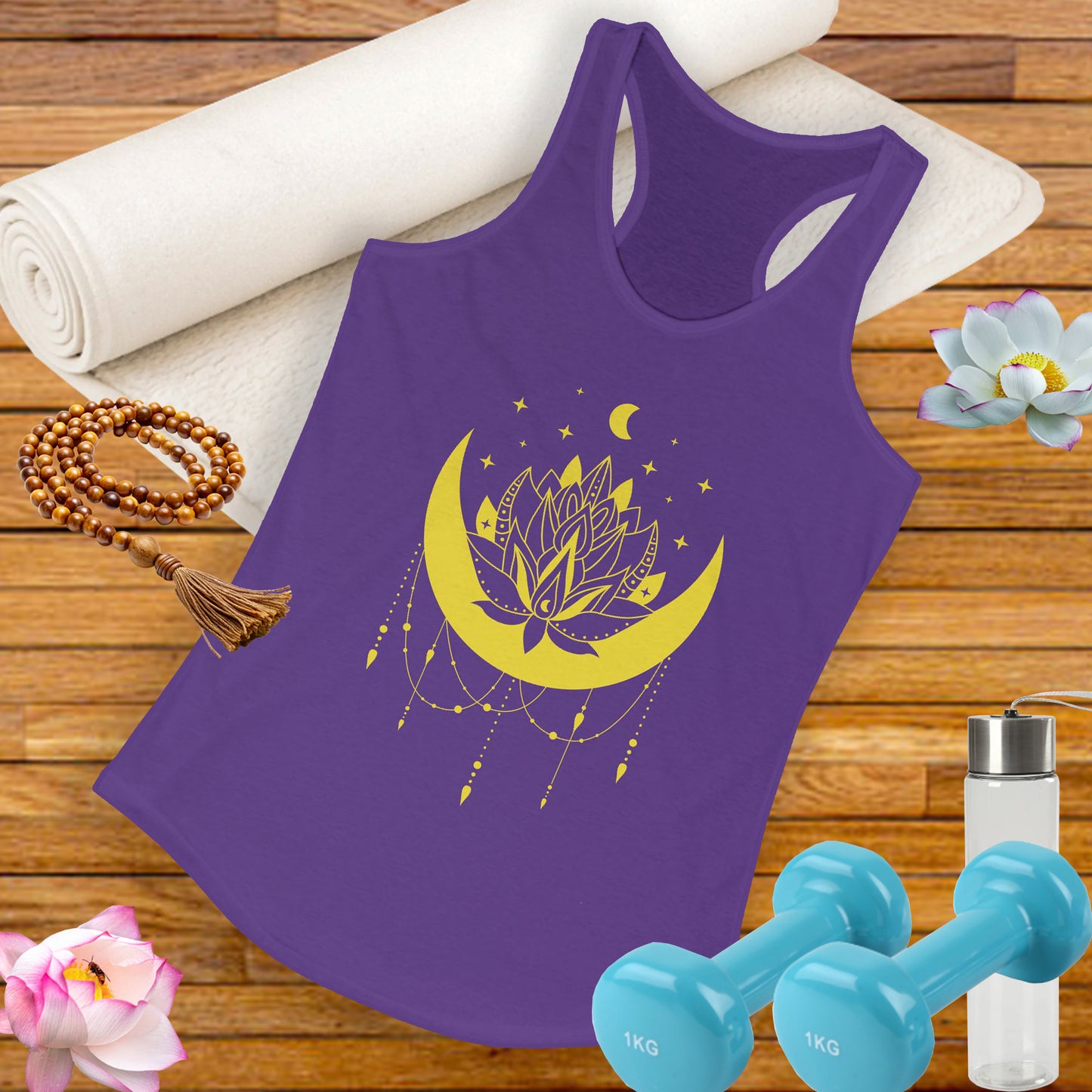 BOHO Moon & Lotus Racerback Tank – Soft Elegance for Mindful Living