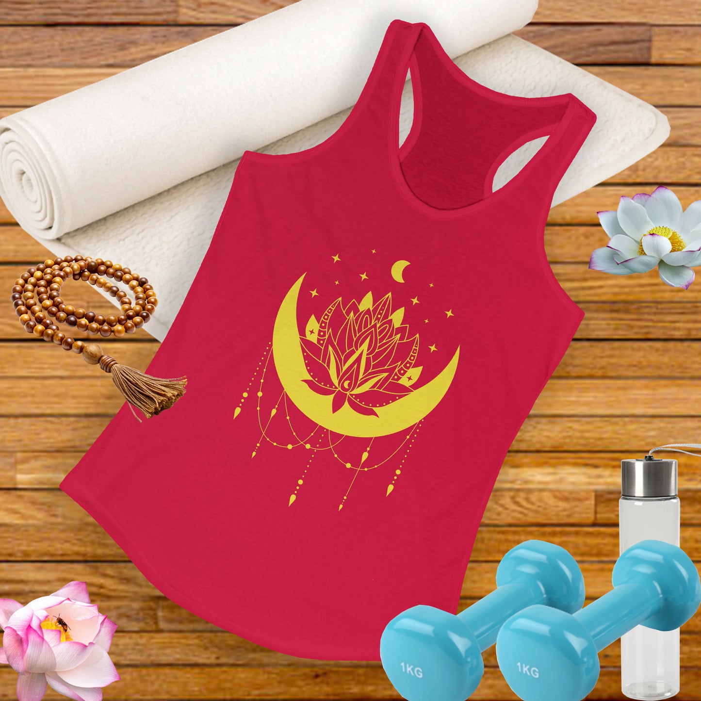 BOHO Moon & Lotus Racerback Tank – Soft Elegance for Mindful Living